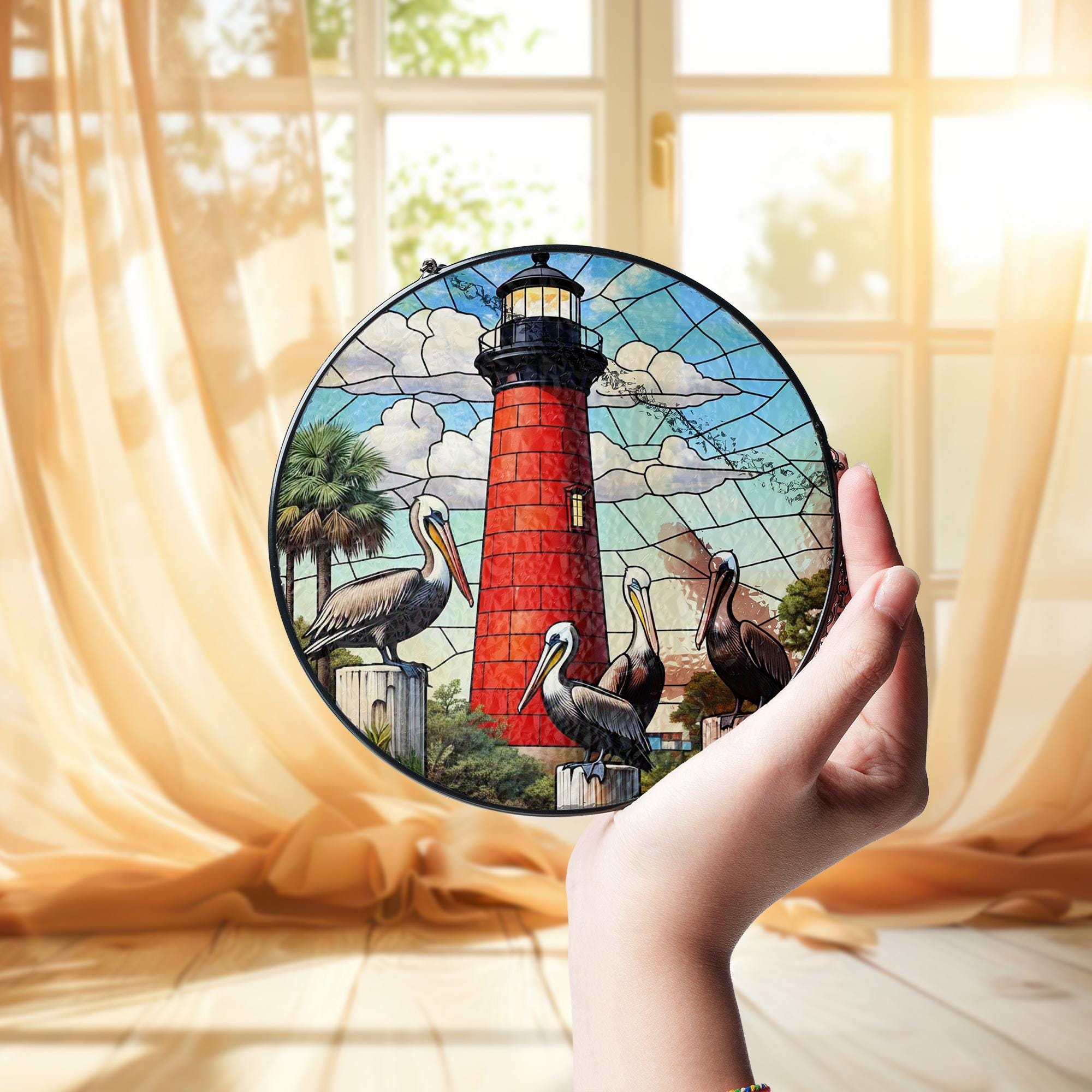 Lighthouse & Pelicans Glass Suncatcher, Round Window Hanging, Coastal Beach Decor, Nautical Art, Bird Lover Ocean Gift