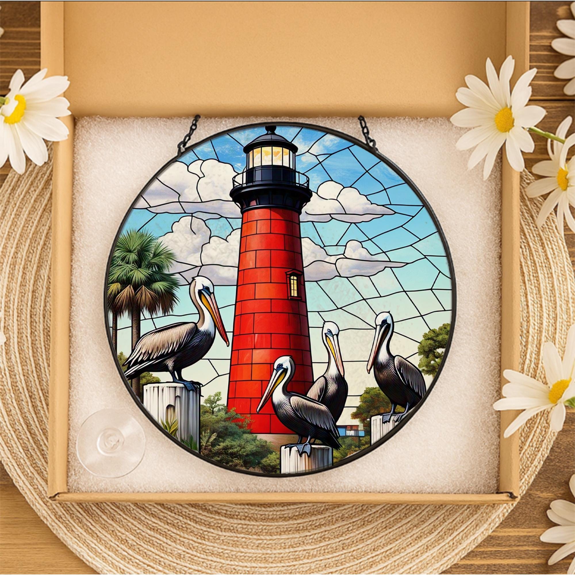 Lighthouse & Pelicans Glass Suncatcher, Round Window Hanging, Coastal Beach Decor, Nautical Art, Bird Lover Ocean Gift