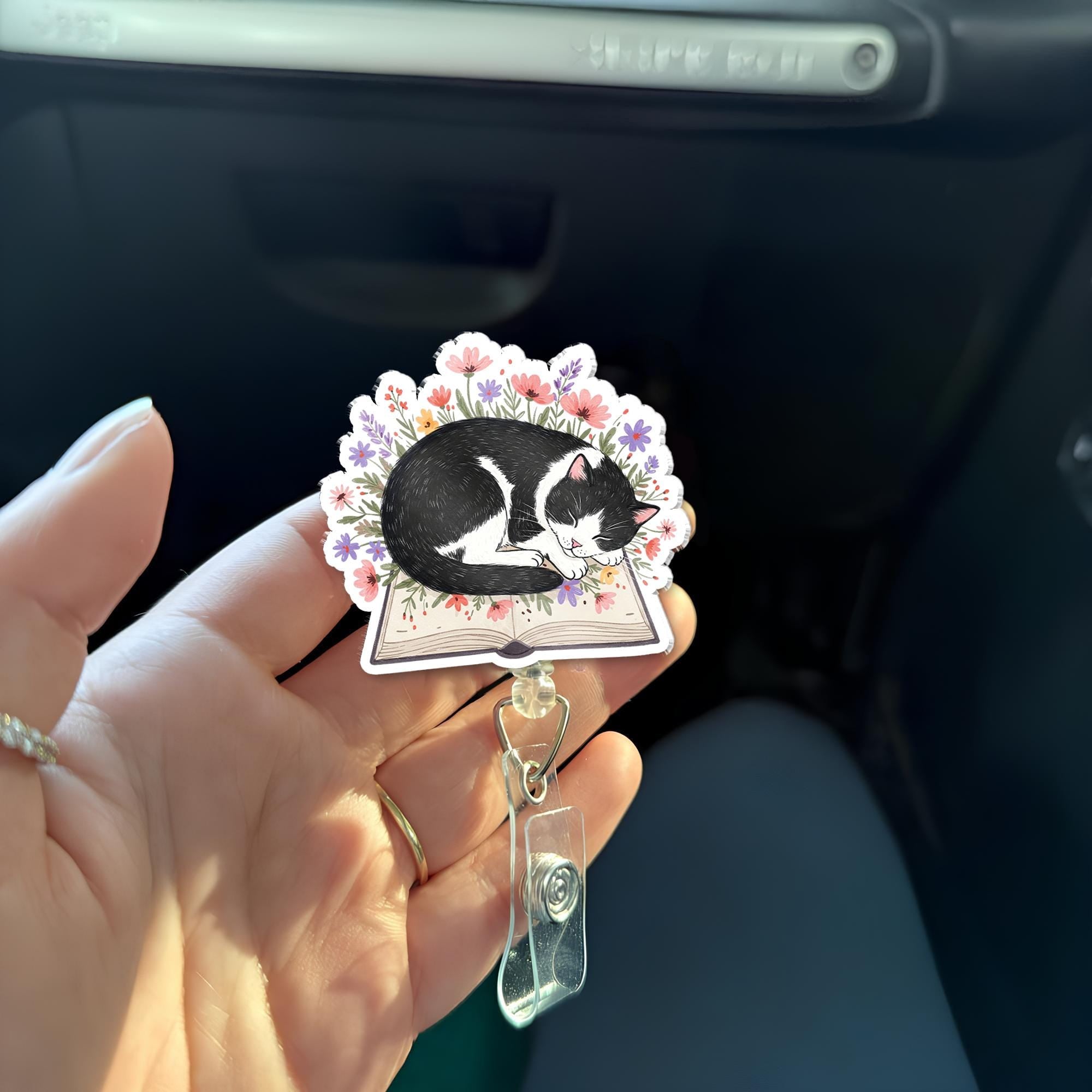 Cute Tuxedo Cat Badge Reel – Floral Book Lover Nurse ID Holder Gift for Cat Mom, Librarian, Teacher or Vet Tech