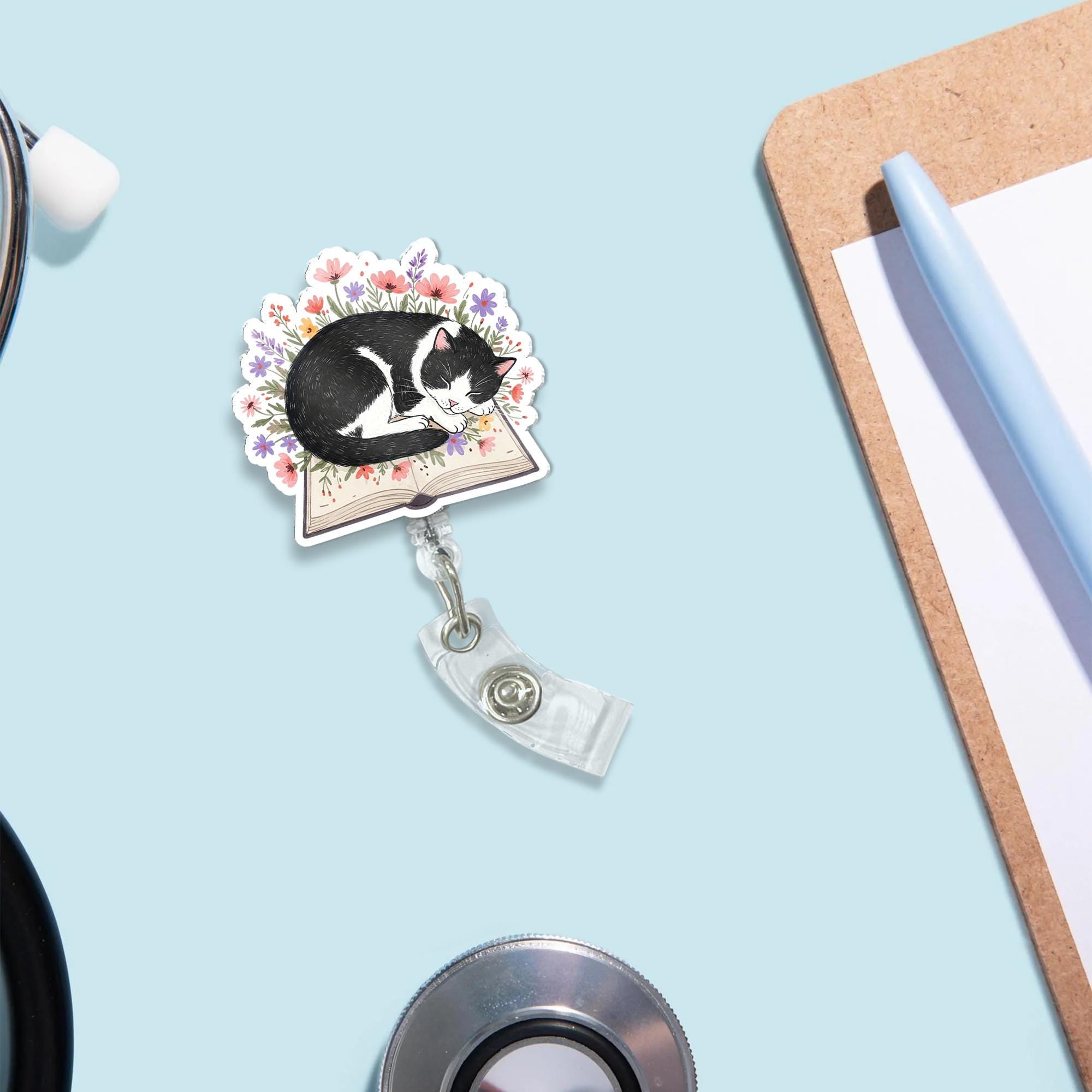 Cute Tuxedo Cat Badge Reel – Floral Book Lover Nurse ID Holder Gift for Cat Mom, Librarian, Teacher or Vet Tech