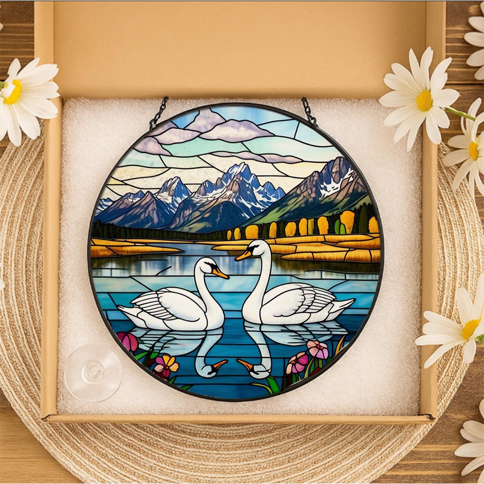 Swans Couple Lake Mountain Glass Suncatcher Window Hanging, Nature Lover Bird Art Decor, Unique Gift Idea, Couple Gift