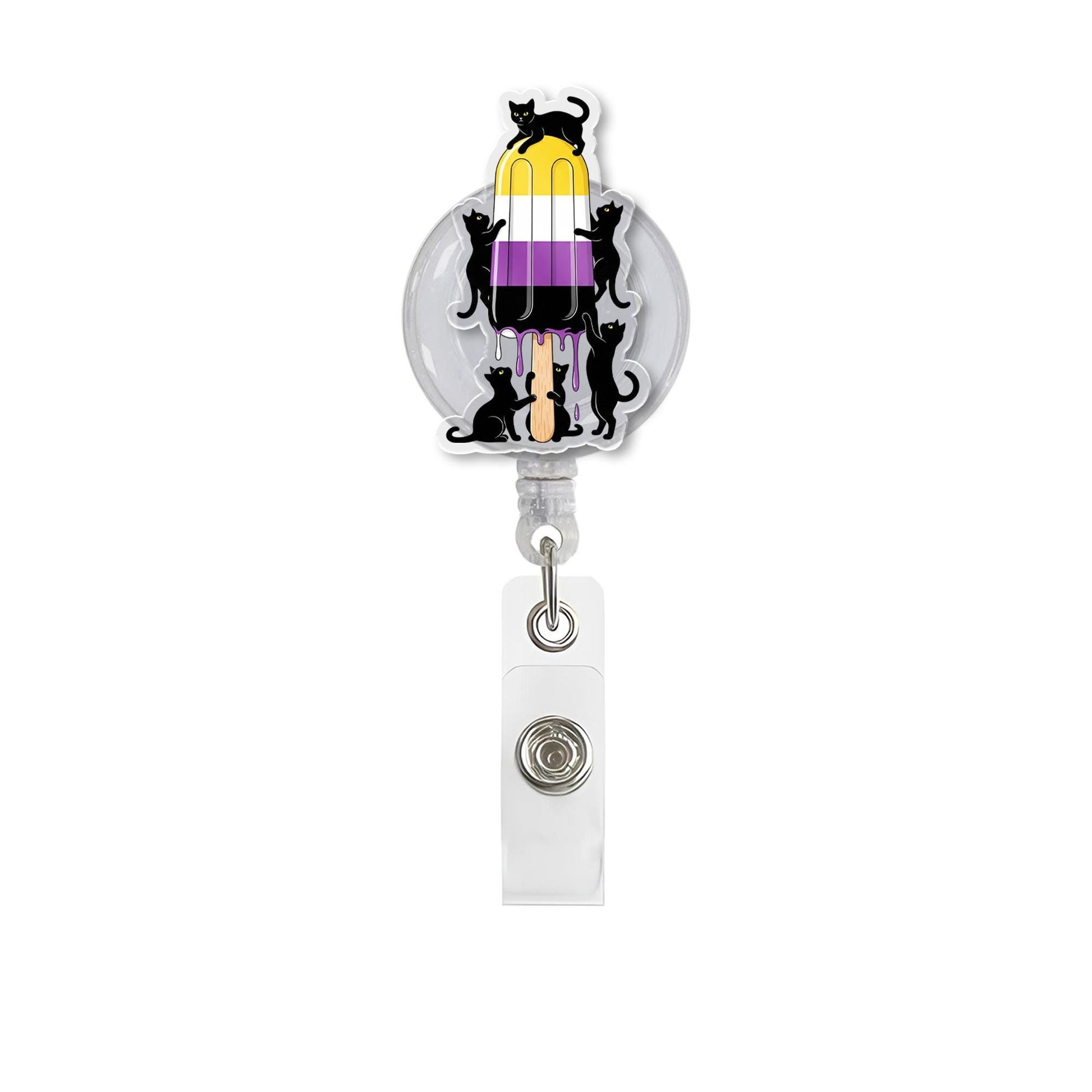 LGBTQ Cute Black Cat & Pride Popsicle Badge Reel - Trans, Pan, Nonbinary Flag Options - Retractable ID Holder for Nurse, Teacher, Office