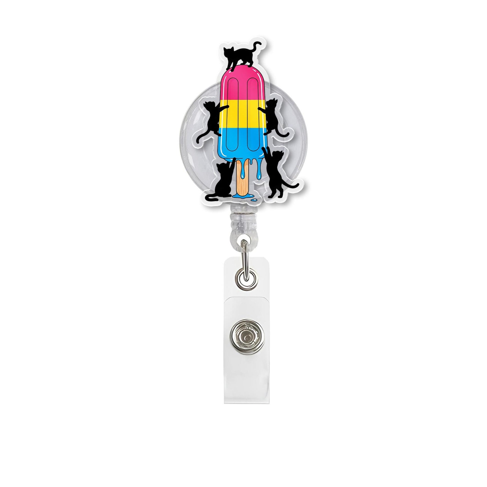 LGBTQ Cute Black Cat & Pride Popsicle Badge Reel - Trans, Pan, Nonbinary Flag Options - Retractable ID Holder for Nurse, Teacher, Office