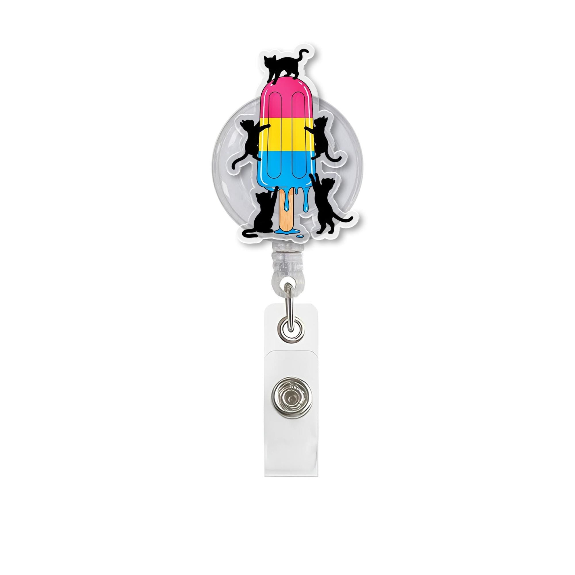 LGBTQ Cute Black Cat & Pride Popsicle Badge Reel - Trans, Pan, Nonbinary Flag Options - Retractable ID Holder for Nurse, Teacher, Office