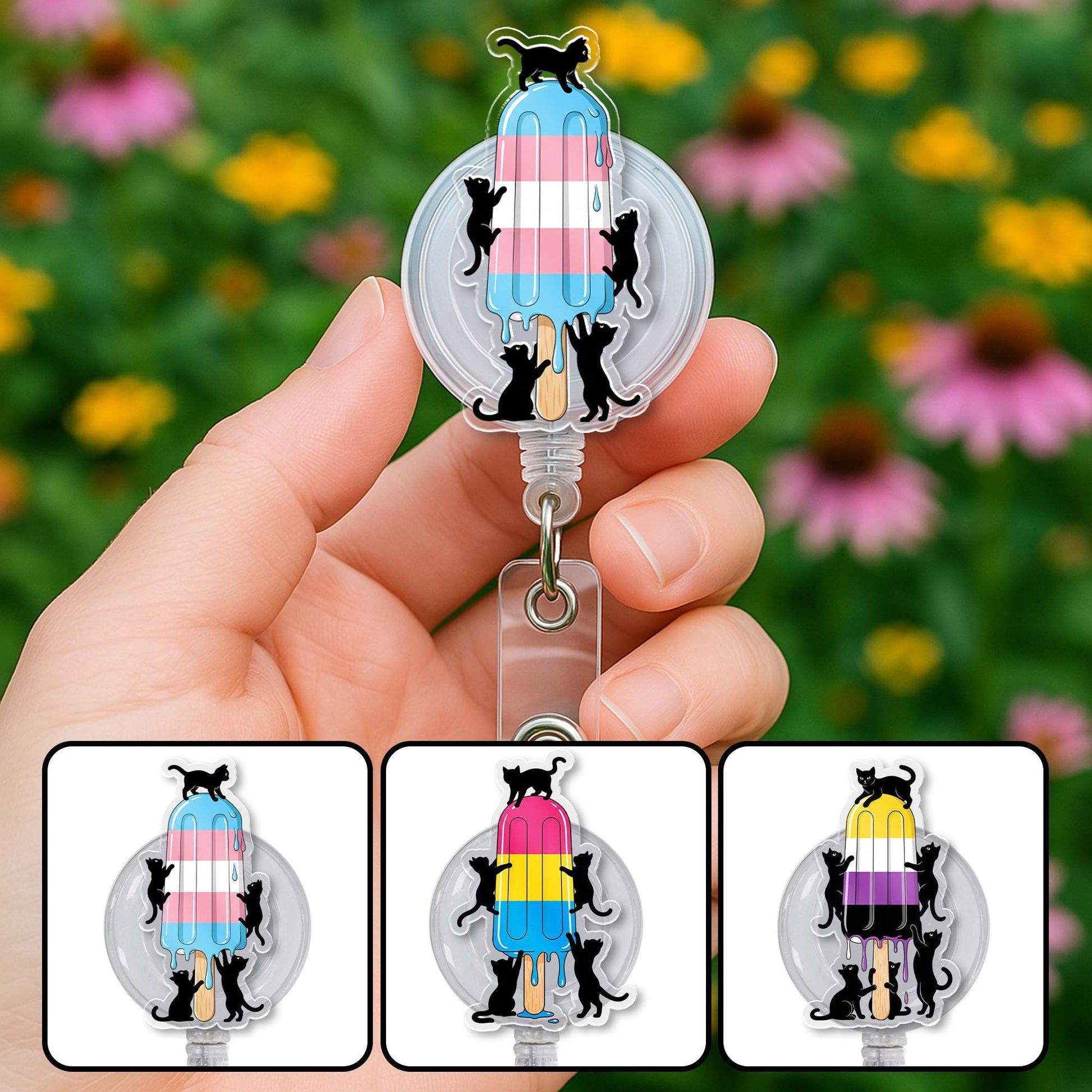 LGBTQ Cute Black Cat & Pride Popsicle Badge Reel - Trans, Pan, Nonbinary Flag Options - Retractable ID Holder for Nurse, Teacher, Office