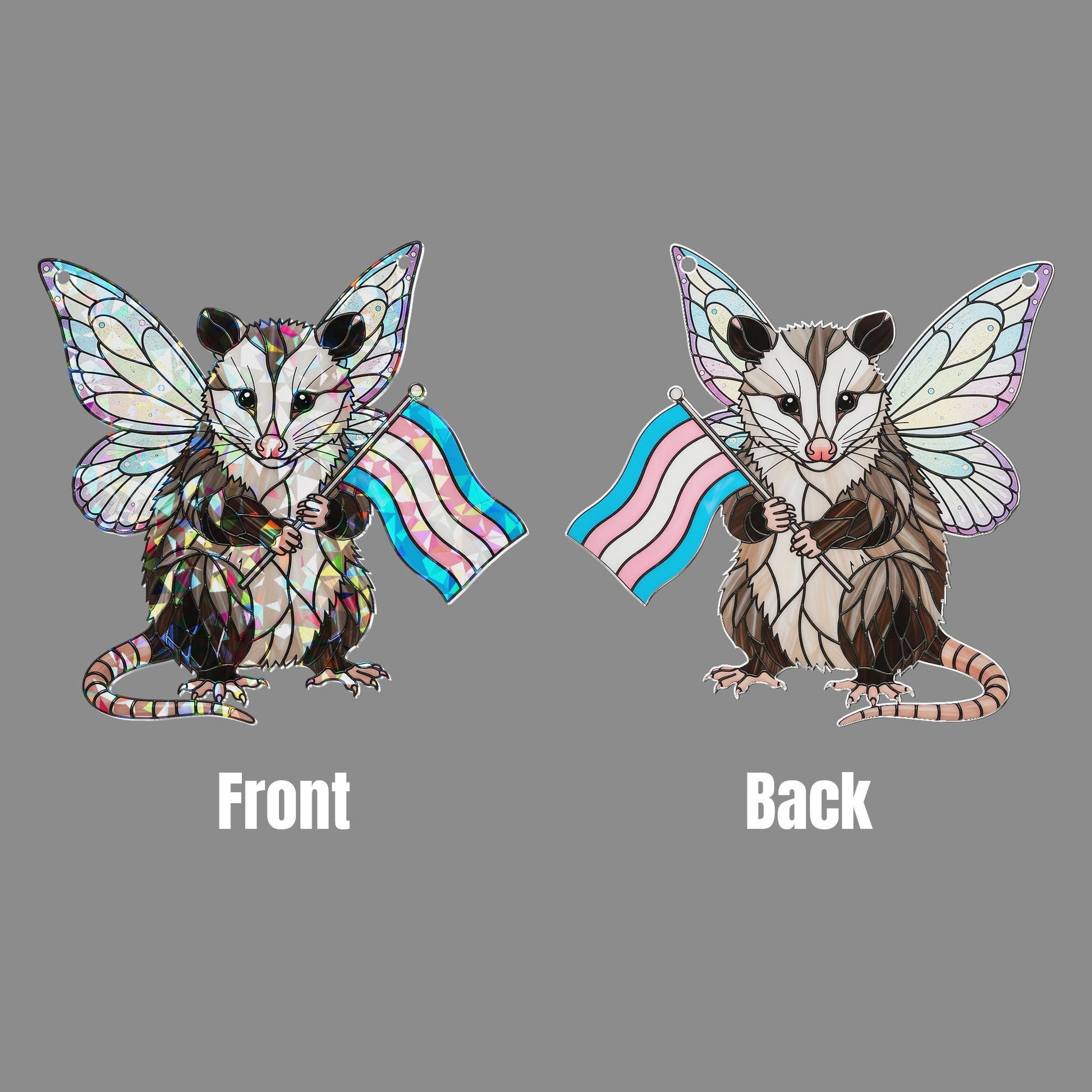Trans Pride Opossum Acrylic Window hanging – Holographic Fairy Animal Window Hanging, LGBTQ+ Acrylic Decor Gift