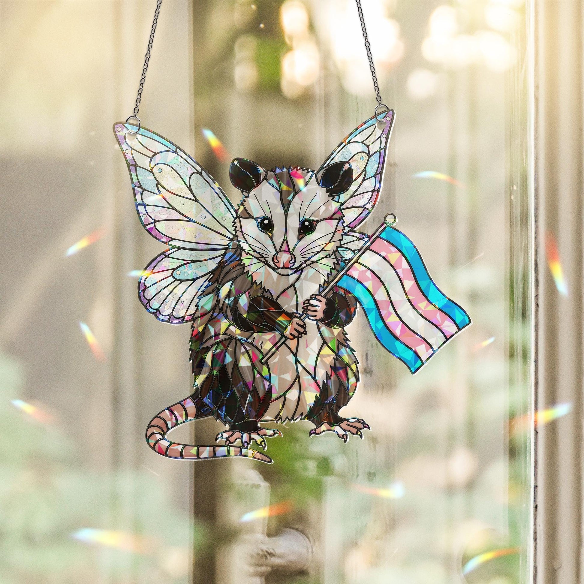 Trans Pride Opossum Acrylic Window hanging – Holographic Fairy Animal Window Hanging, LGBTQ+ Acrylic Decor Gift