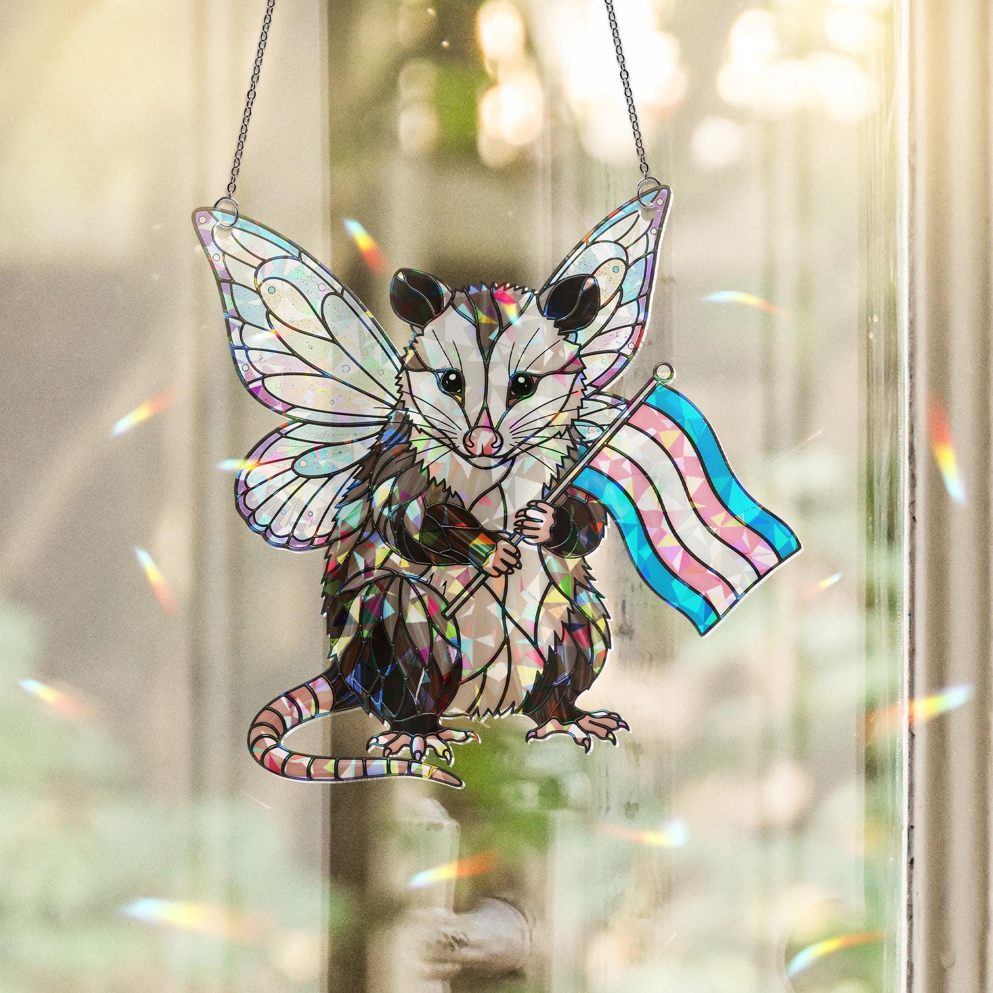 Trans Pride Opossum Acrylic Window hanging – Holographic Fairy Animal Window Hanging, LGBTQ+ Acrylic Decor Gift