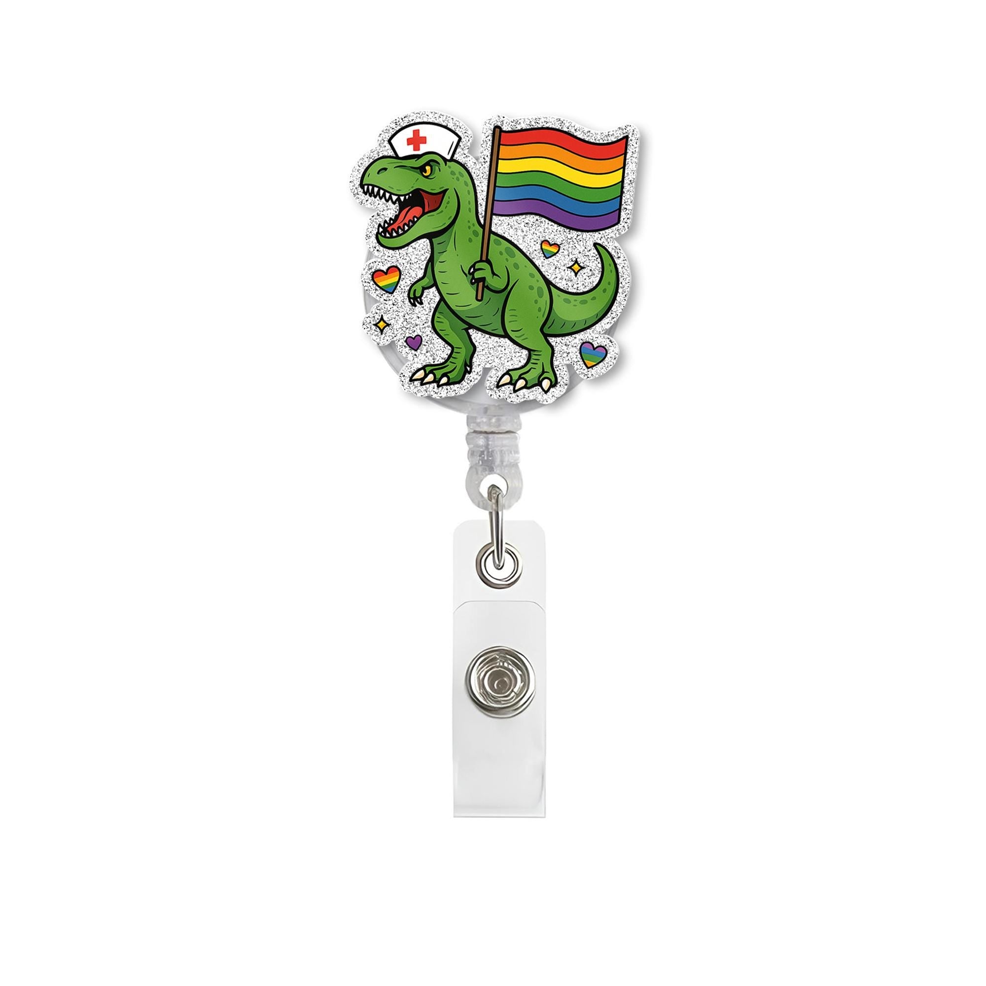 Dino Nurse Pride Badge Reel | LGBTQ+ Rainbow ID Holder | Funny T-Rex Nurse Clip | Pride Month Gift | Cute Dinosaur Badge for Nurses