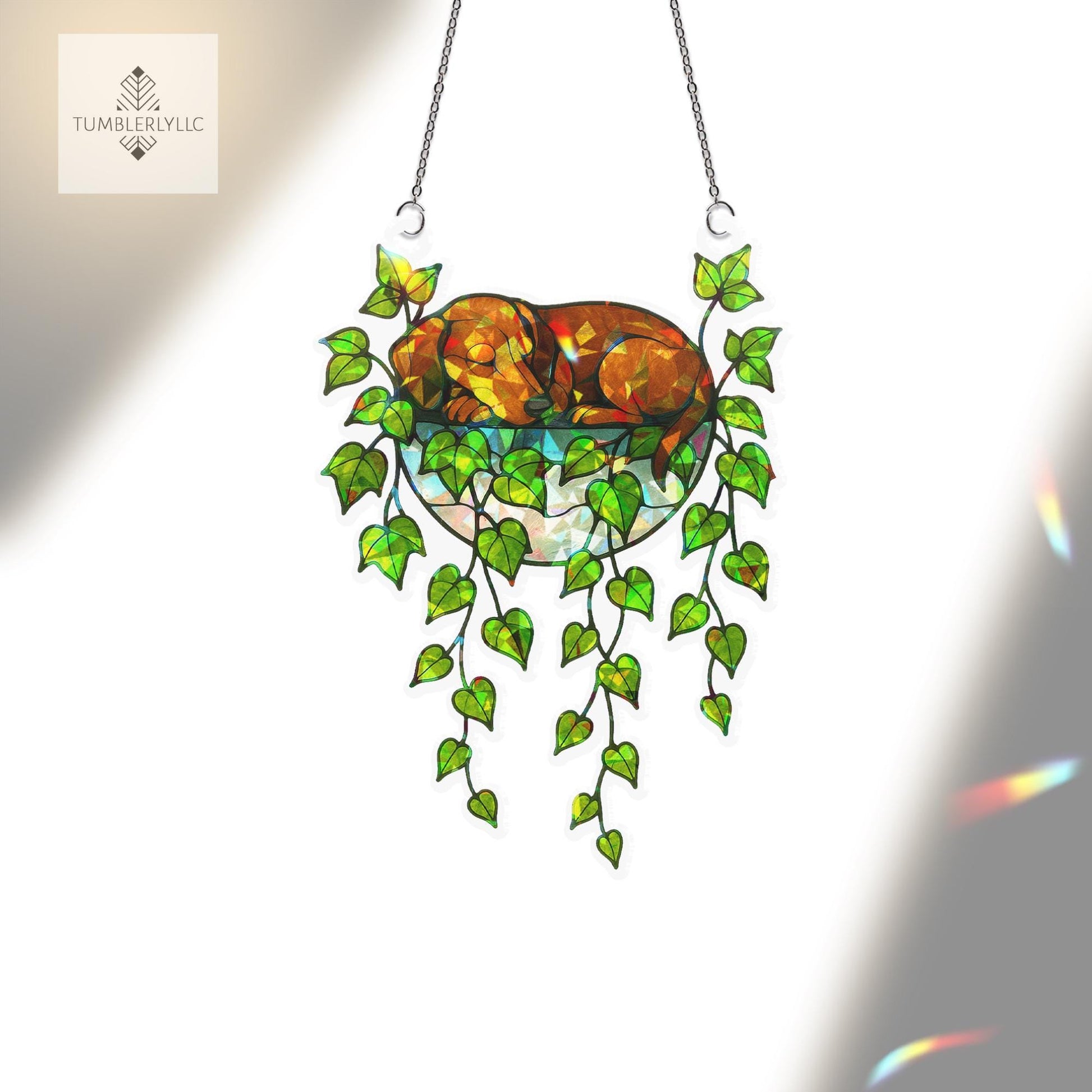 Dachshund Ivy Pot Suncatcher – Holographic Acrylic Window Decor, Wiener Dog Plant Lover Gift, Cute Dog Sunlight Catcher Ornament