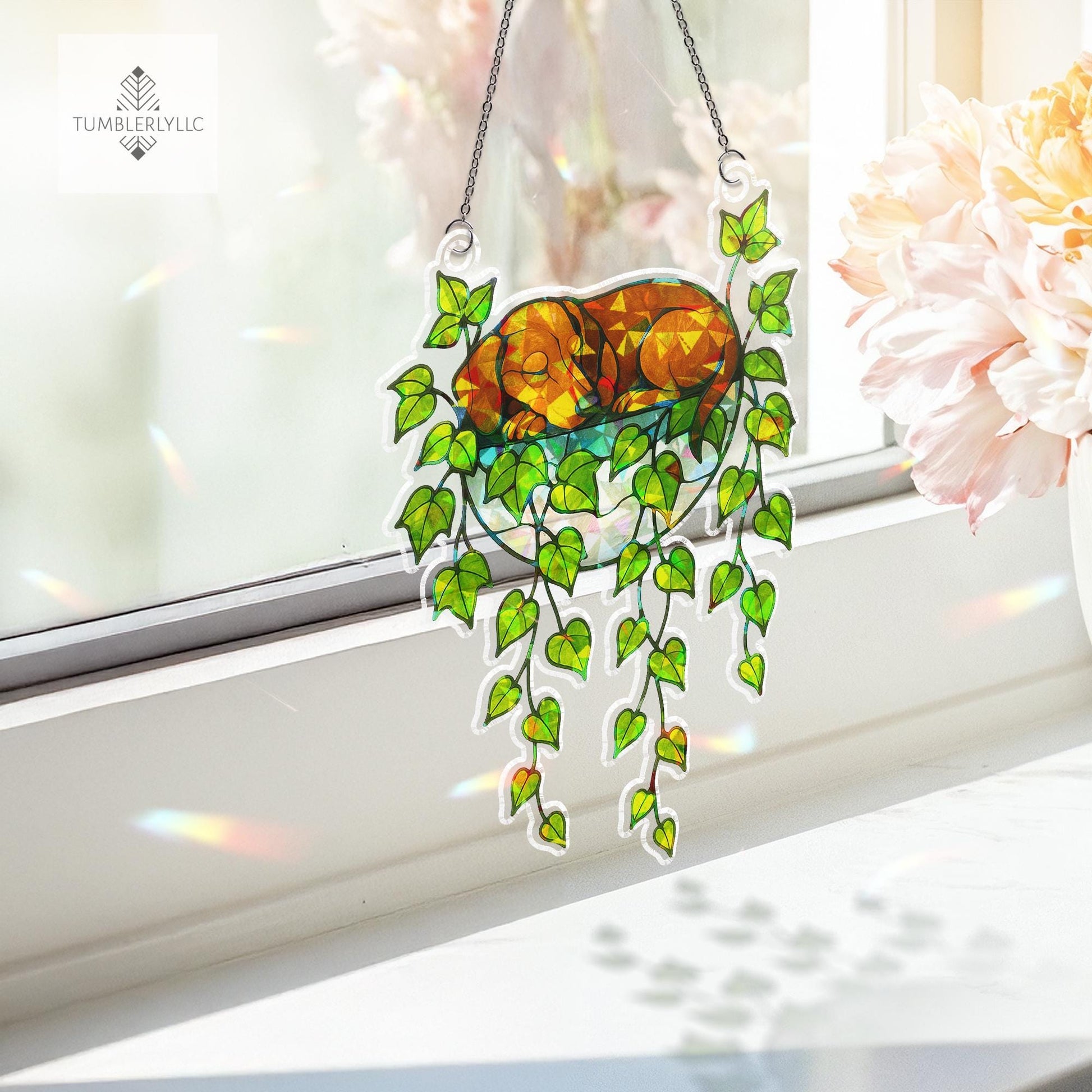 Dachshund Ivy Pot Suncatcher – Holographic Acrylic Window Decor, Wiener Dog Plant Lover Gift, Cute Dog Sunlight Catcher Ornament