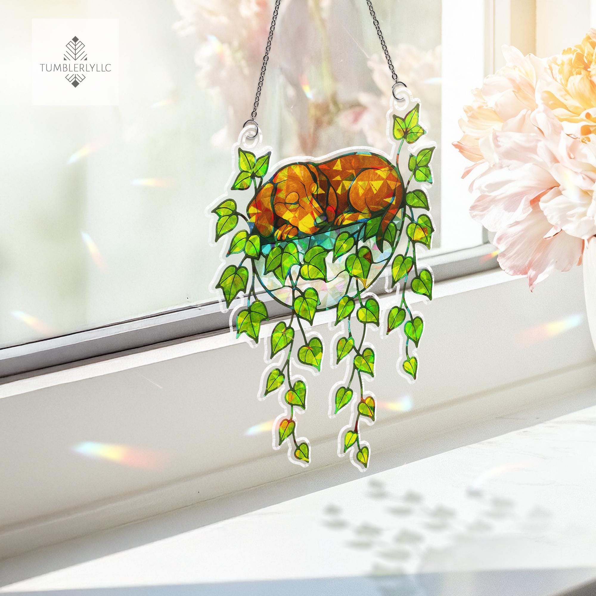 Dachshund Ivy Pot Suncatcher – Holographic Acrylic Window Decor, Wiener Dog Plant Lover Gift, Cute Dog Sunlight Catcher Ornament