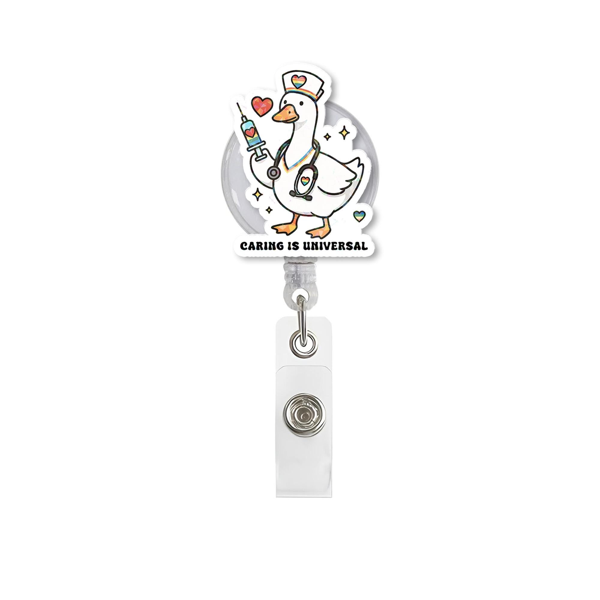 Caring is Universal Goose Badge Reel | LGBTQ+ Nurse ID Holder | Pride Month Clip | Cute Rainbow Duck Badge | Inclusive Pride Gift