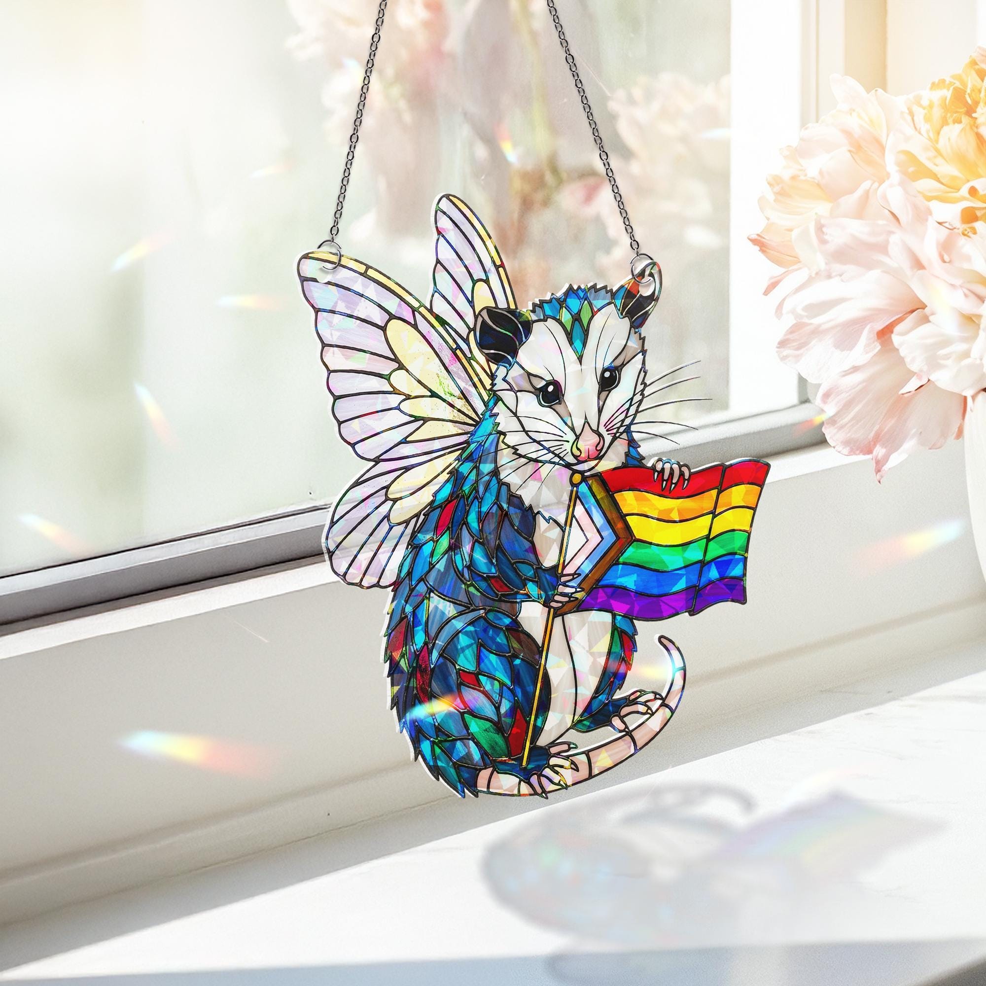 Rainbow Opossum Fairy Acrylic Window hanging – Holographic Acrylic LGBTQ+ Window Hanging, Pride Animal Decor Gift