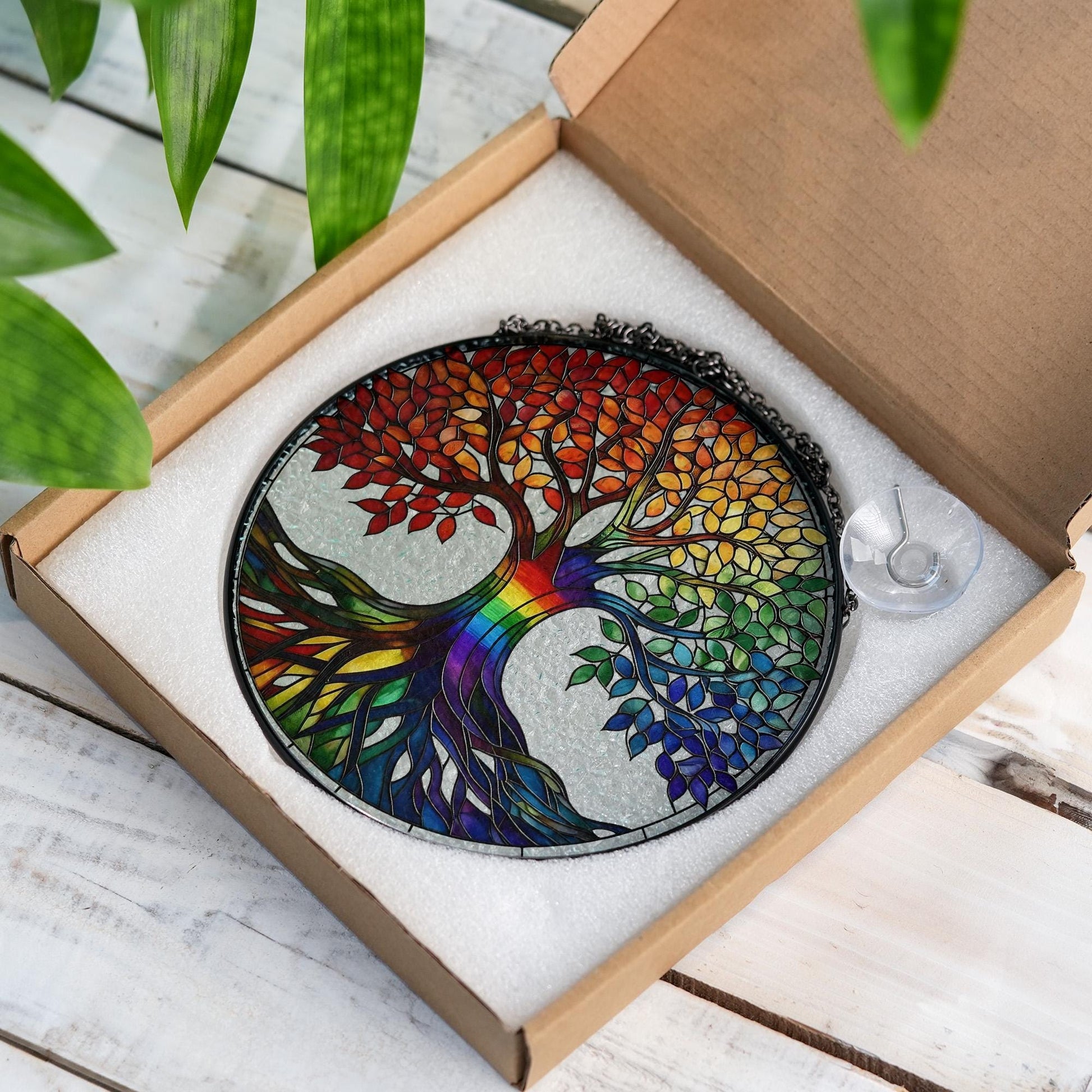 Tree of Life Rainbow Glass Suncatcher – Colorful Hanging Window Decor, Chakra Spiritual Gift, Handmade Boho Sun Catcher Art