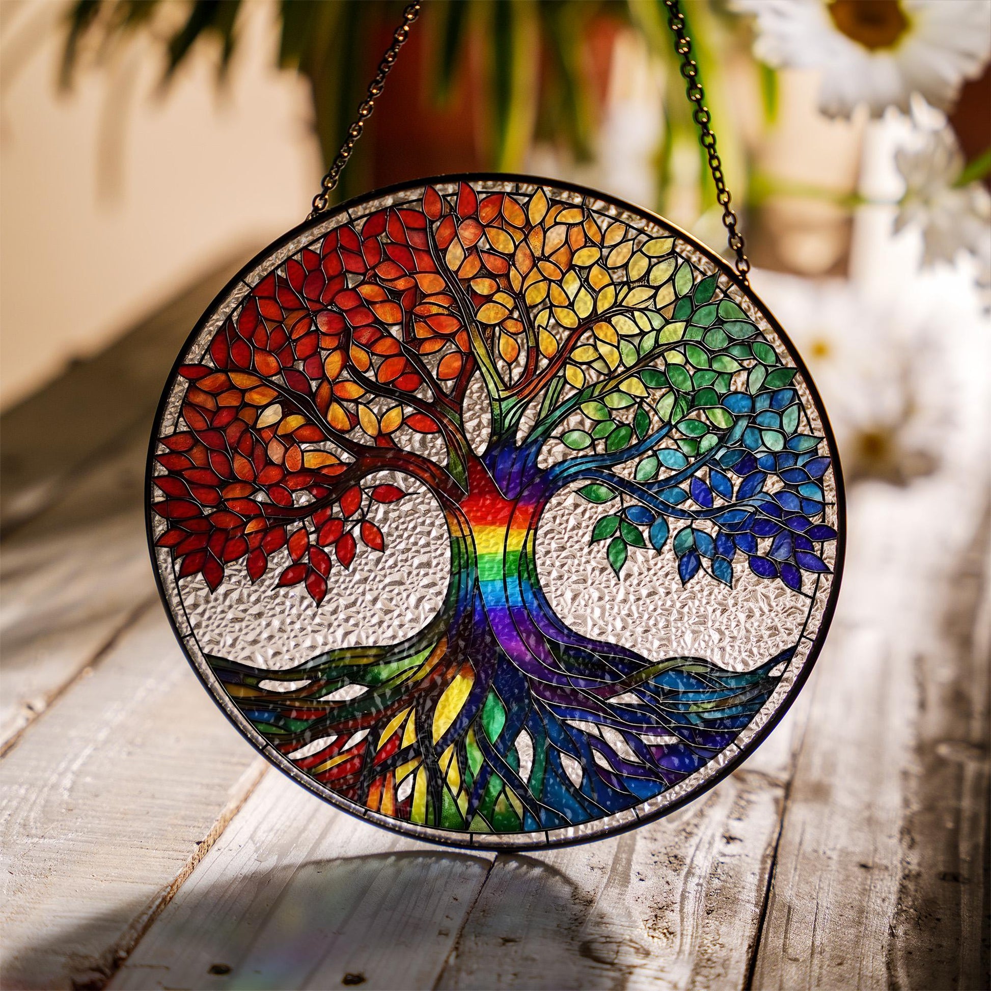 Tree of Life Rainbow Glass Suncatcher – Colorful Hanging Window Decor, Chakra Spiritual Gift, Handmade Boho Sun Catcher Art