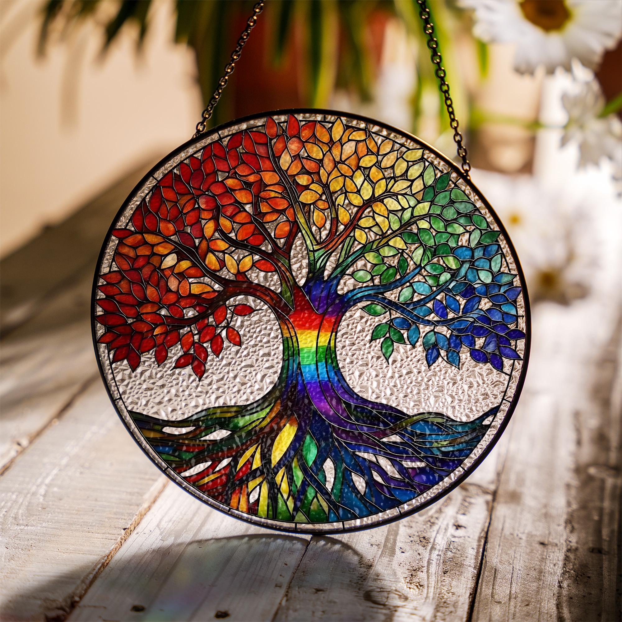 Tree of Life Rainbow Glass Suncatcher – Colorful Hanging Window Decor, Chakra Spiritual Gift, Handmade Boho Sun Catcher Art