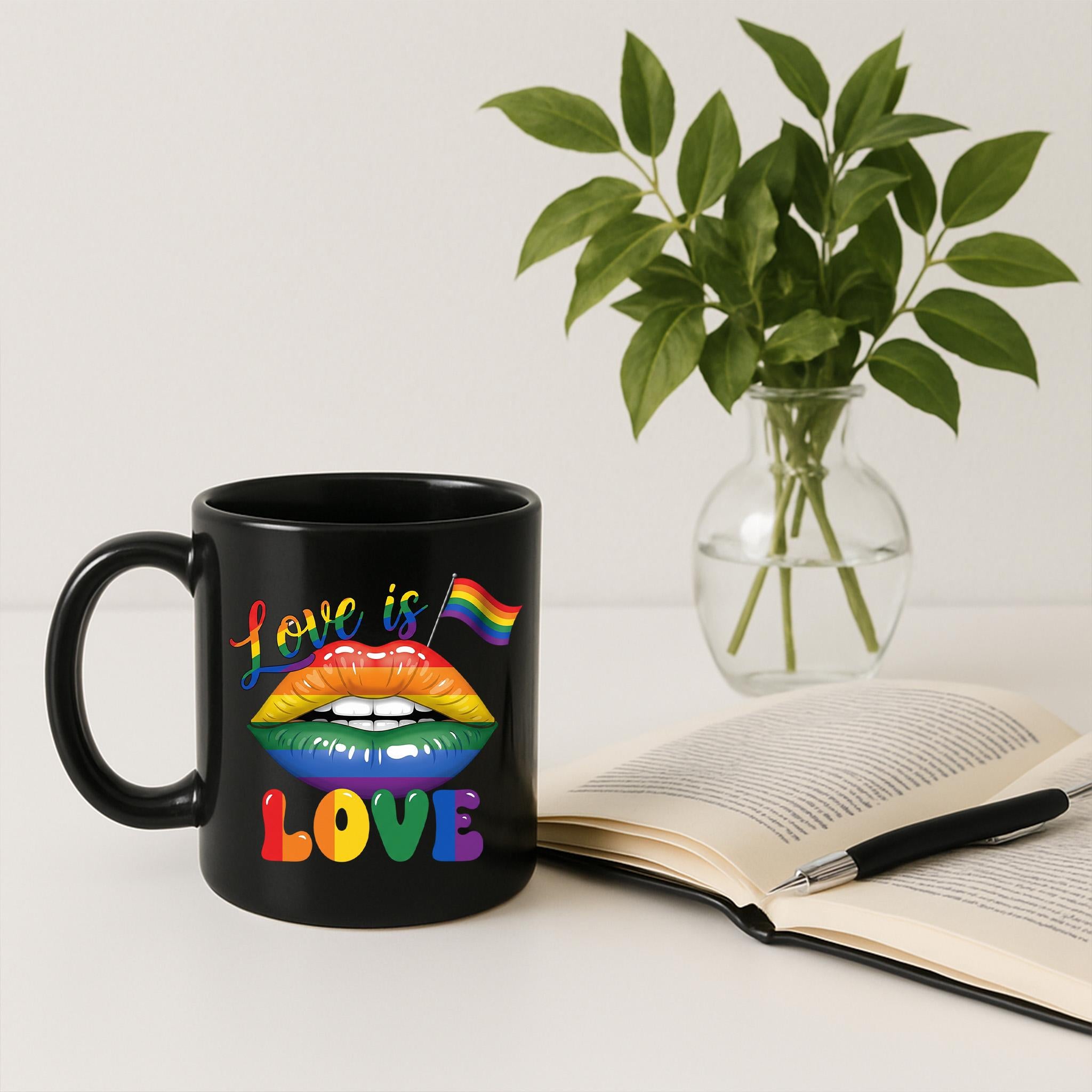 Love Is Love Rainbow Mug – LGBTQ+ Pride Coffee Cup, Gay Lesbian Gift Idea, Colorful Rainbow Lips Flag Design, Queer Affirmation Mug