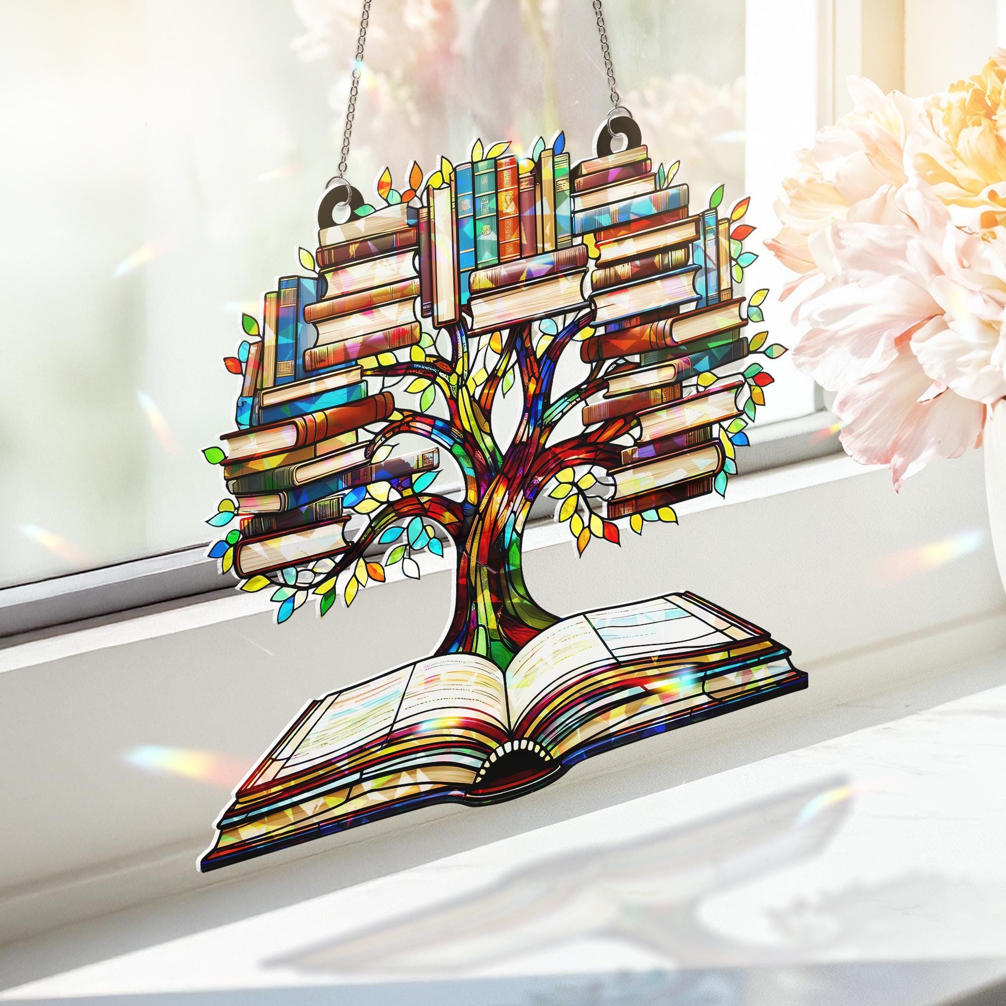 Tree of Knowledge Book Suncatcher | Holographic Acrylic Window Hanging | Book Lover Gift | Rainbow Prism Decor | Library Art Ornament