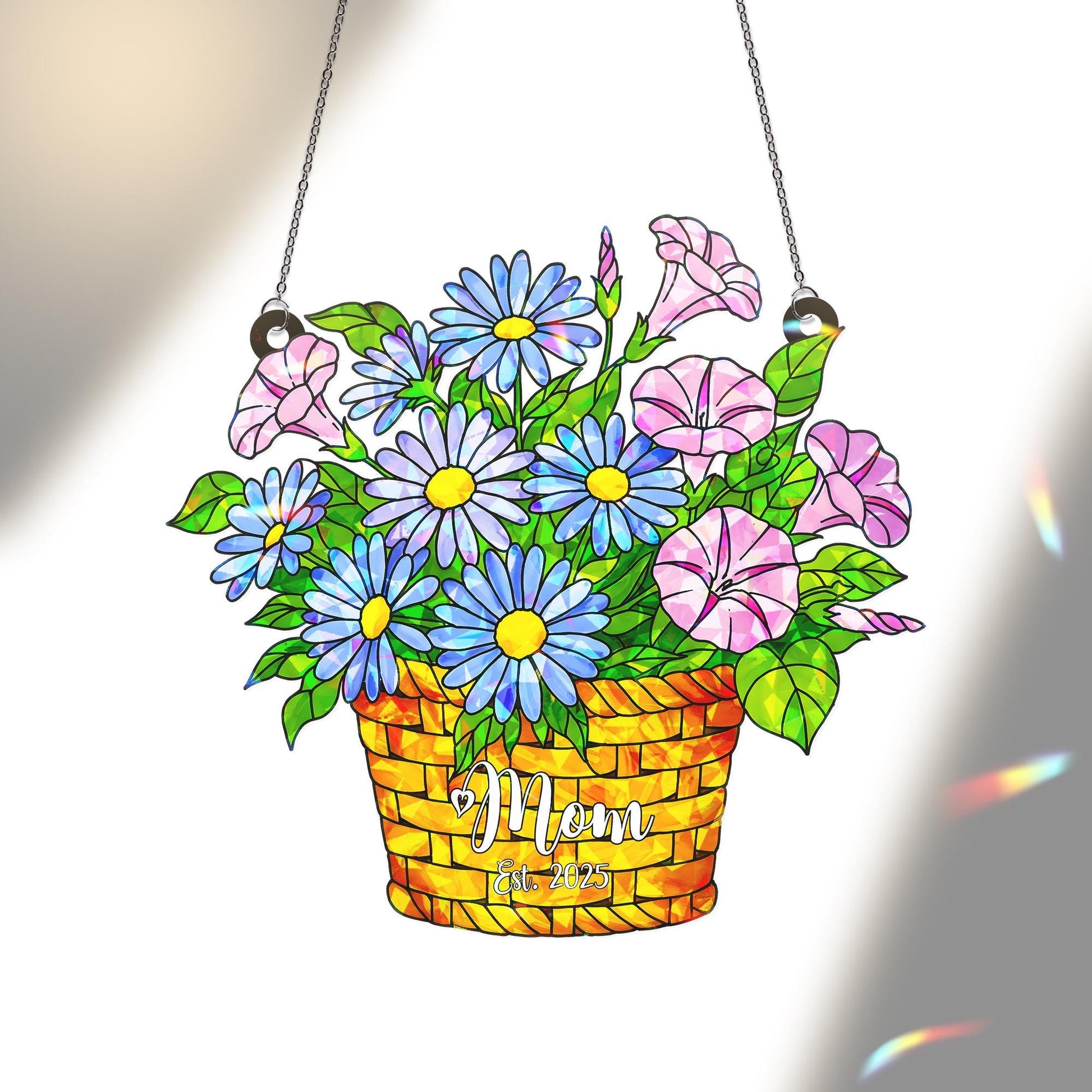 Personalized Mom Gift, September Birth Flower Hologram  Acrylic Window Hanging Ornament, Aster Morning Glory Floral, Custom Gift For Mom,Her