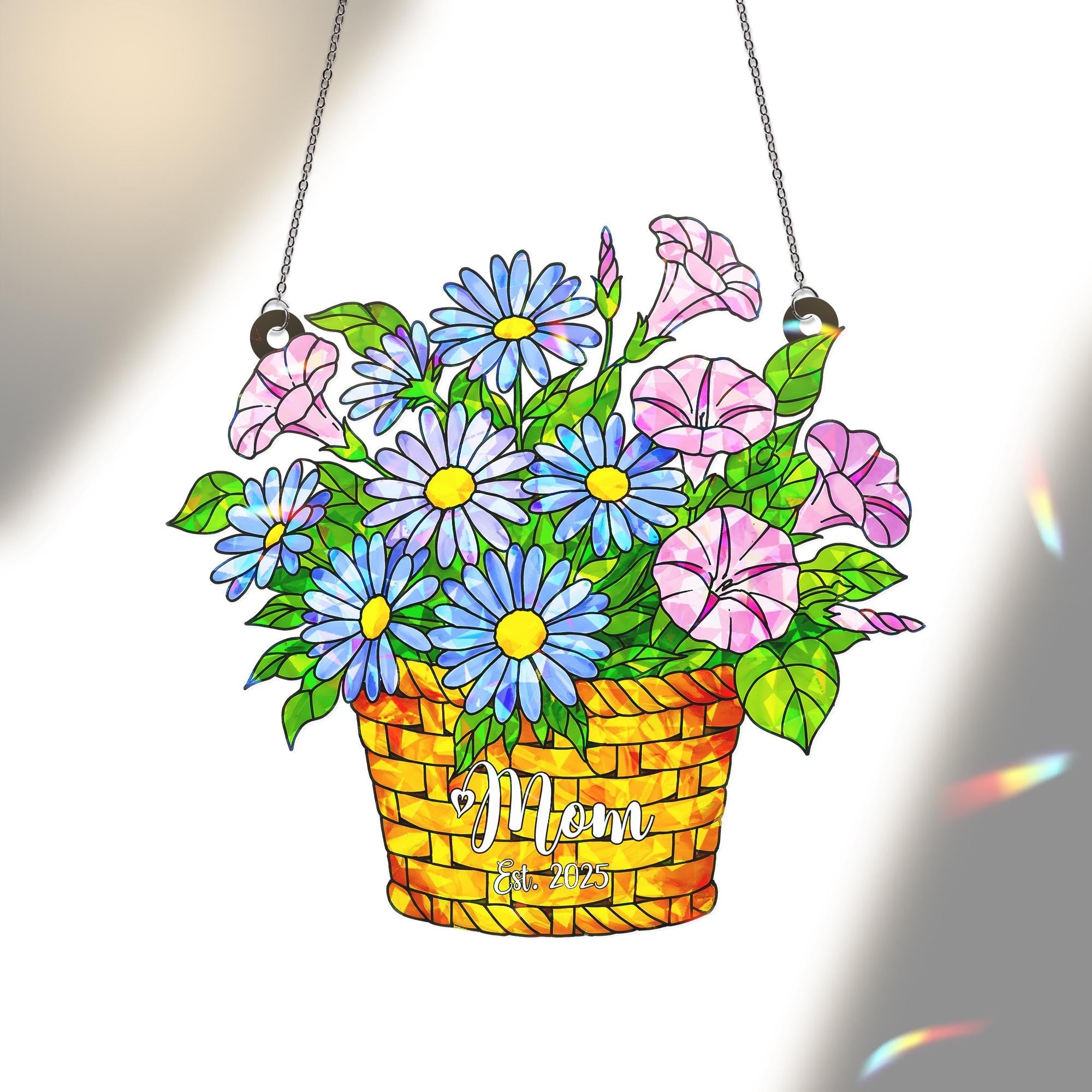 Personalized Mom Gift, September Birth Flower Hologram  Acrylic Window Hanging Ornament, Aster Morning Glory Floral, Custom Gift For Mom,Her