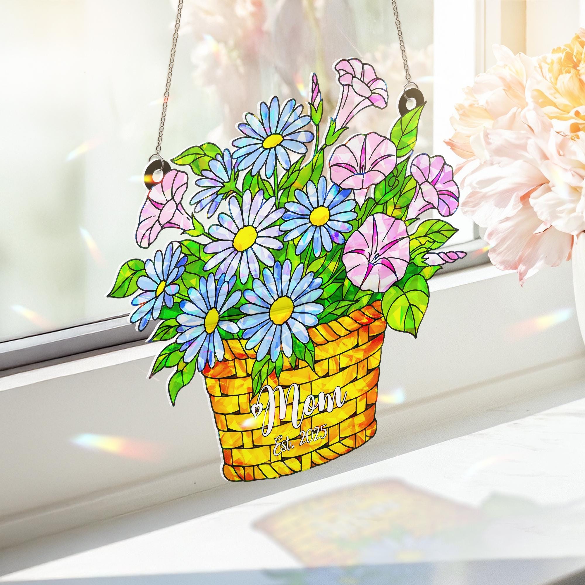 Personalized Mom Gift, September Birth Flower Hologram  Acrylic Window Hanging Ornament, Aster Morning Glory Floral, Custom Gift For Mom,Her