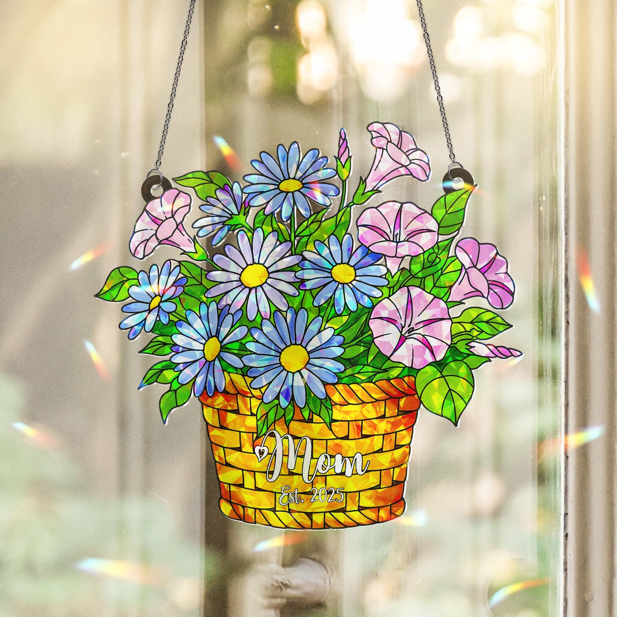 Personalized Mom Gift, September Birth Flower Hologram  Acrylic Window Hanging Ornament, Aster Morning Glory Floral, Custom Gift For Mom,Her