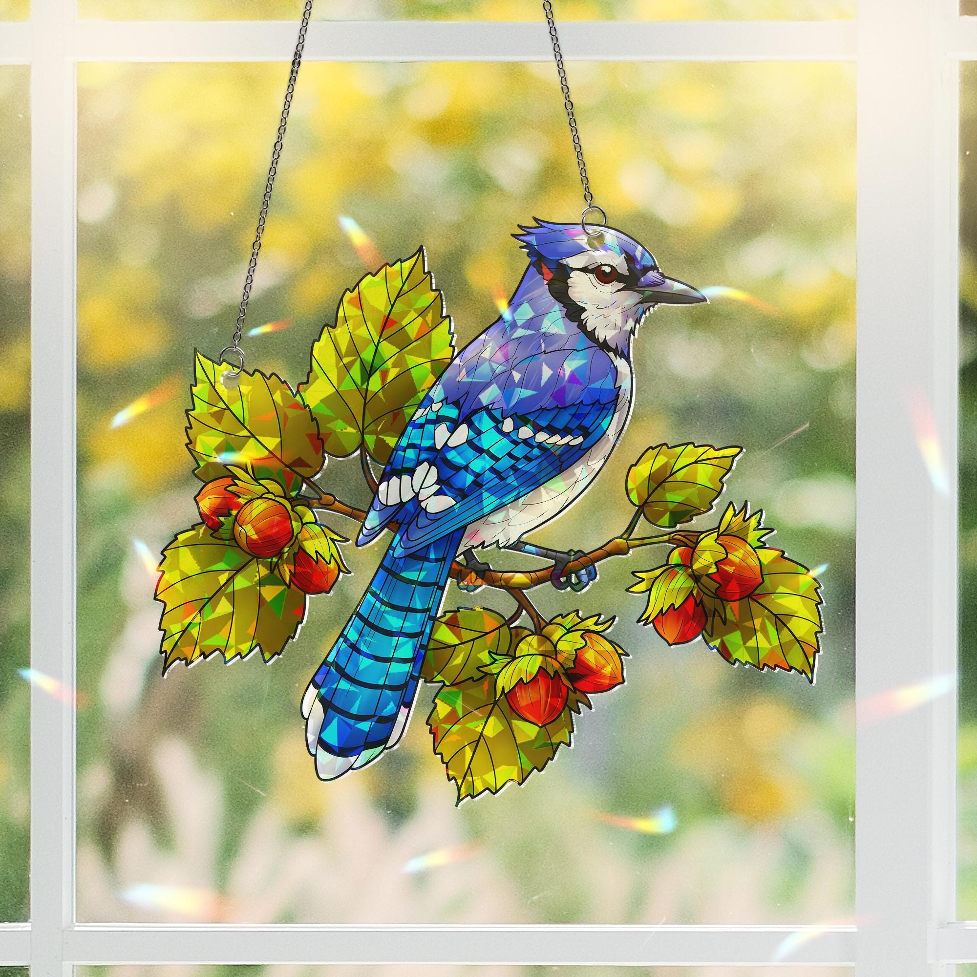 Blue Jay Bird Acrylic Window Hanging Ornament, Hazelnut Branch Decor, Nature Lover Bird Watcher Gift, Bird Lover, Wildlife Decor