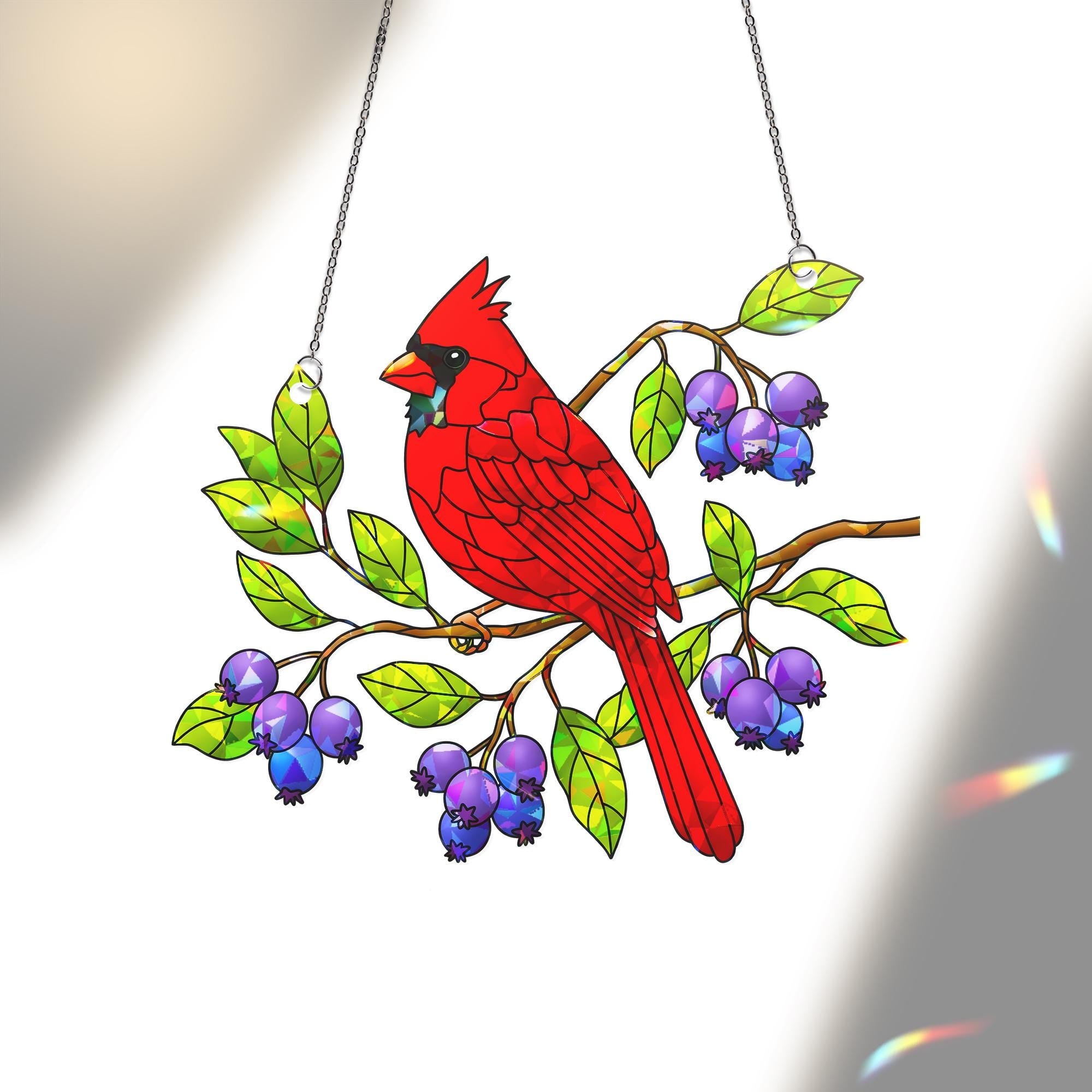 Cardinal Bird Serviceberry Hologram Acrylic Window Hanging Ornament, Nature Inspired Home Decor, Bird Lover Gift, Beautiful Avian Home Decor
