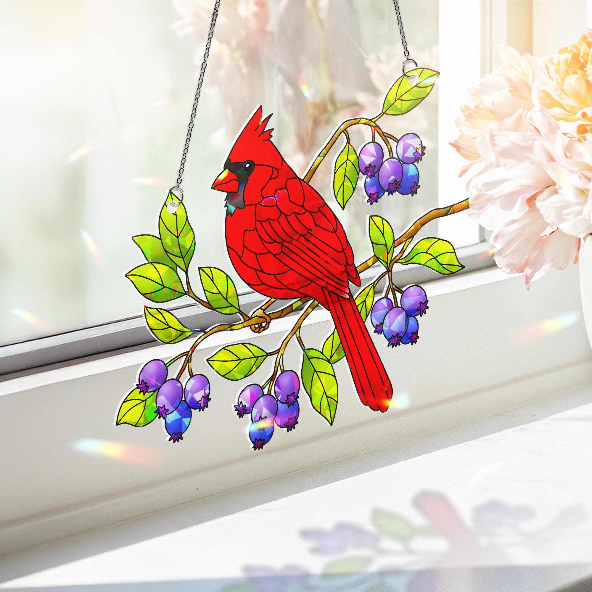 Cardinal Bird Serviceberry Hologram Acrylic Window Hanging Ornament, Nature Inspired Home Decor, Bird Lover Gift, Beautiful Avian Home Decor
