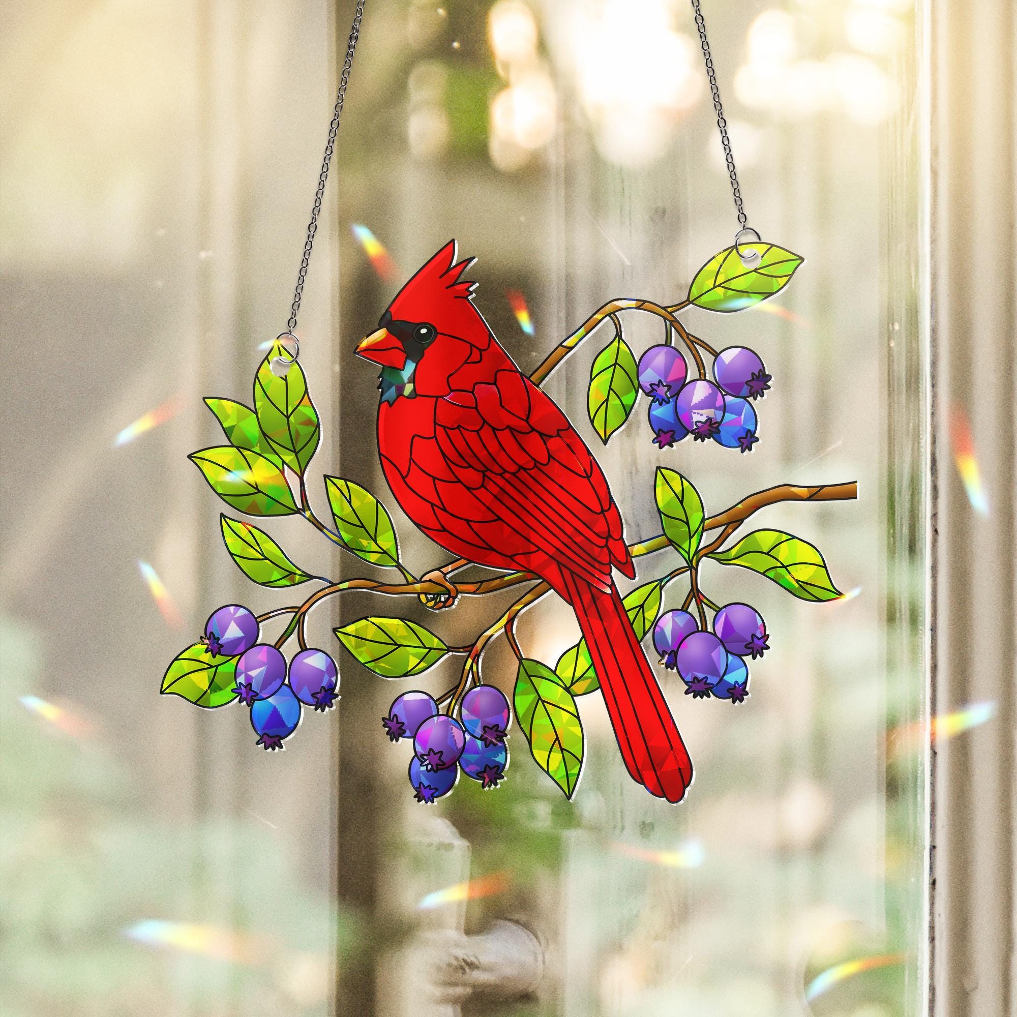 Cardinal Bird Serviceberry Hologram Acrylic Window Hanging Ornament, Nature Inspired Home Decor, Bird Lover Gift, Beautiful Avian Home Decor