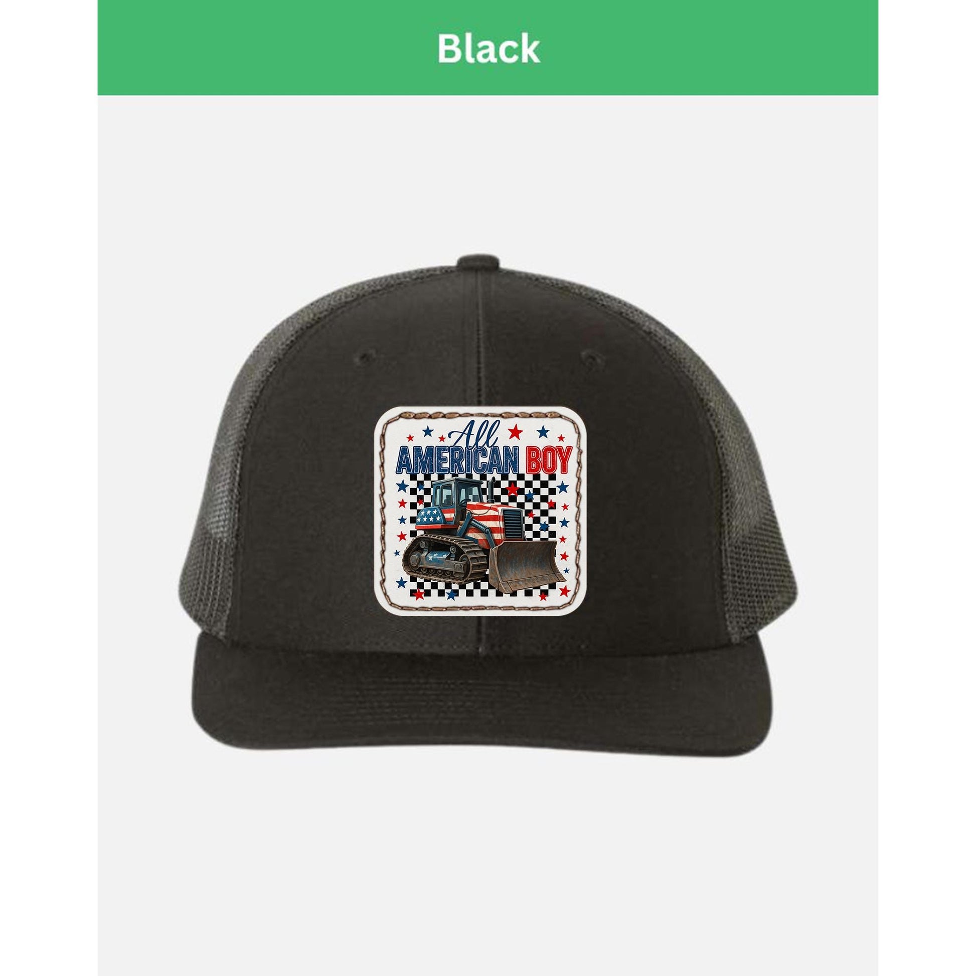 All American Boy Bulldozer Hat, Leather Patch Trucker Cap, Youth Snapback, Construction Hat, Patriotic Gift for Boy, Gift For Him, Dad