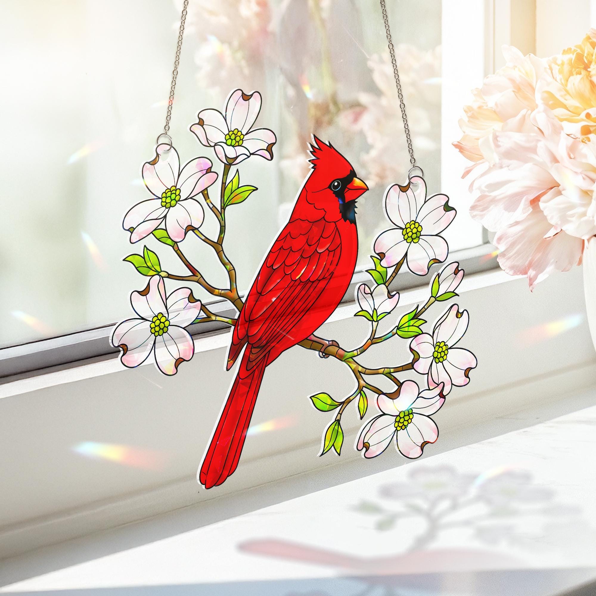 Cardinal Dogwood Hologram Acrylic Window Hanging Ornament, Bird Lover Gift, Nature Inspired Home Decor, Spring Art, Home Decor Gift