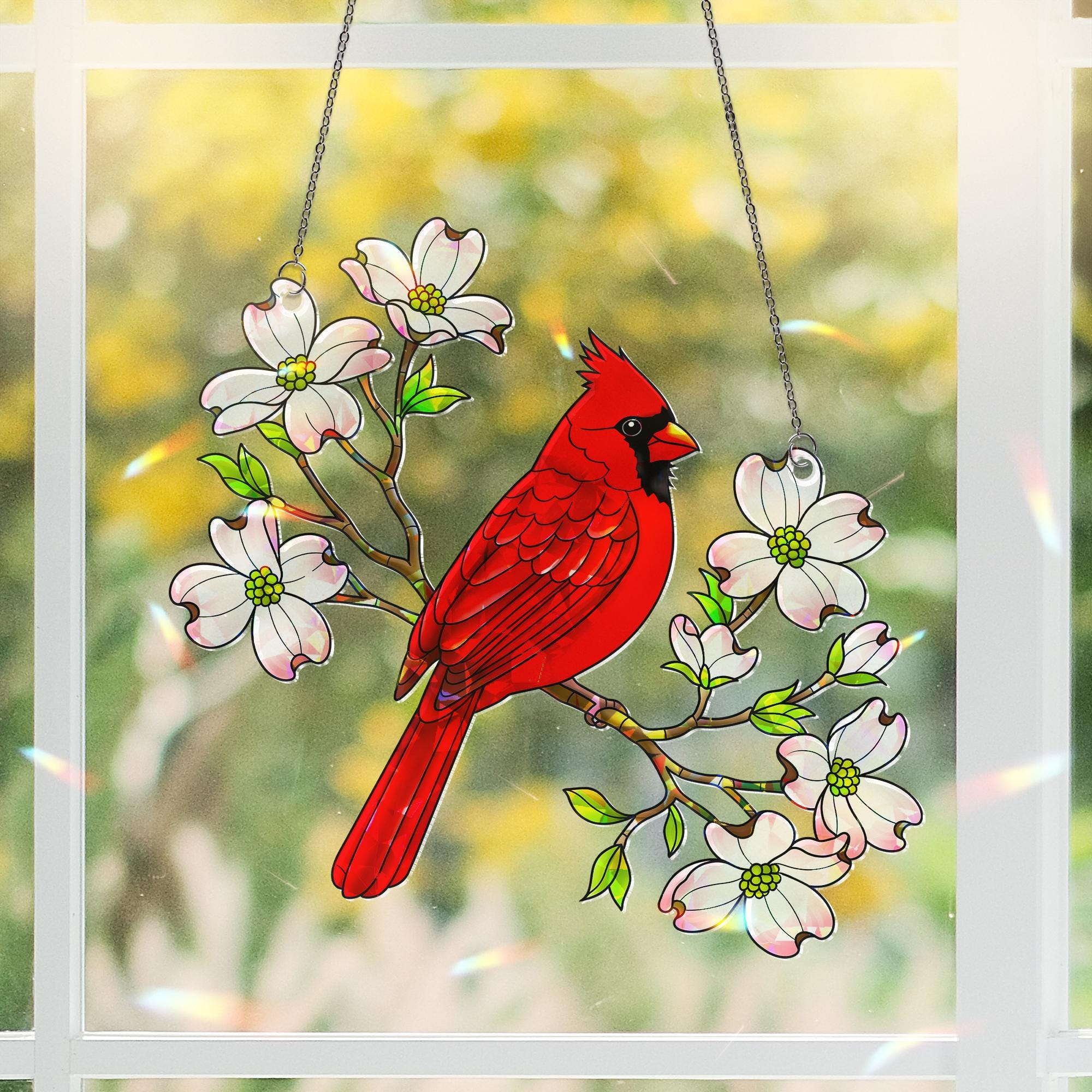 Cardinal Dogwood Hologram Acrylic Window Hanging Ornament, Bird Lover Gift, Nature Inspired Home Decor, Spring Art, Home Decor Gift