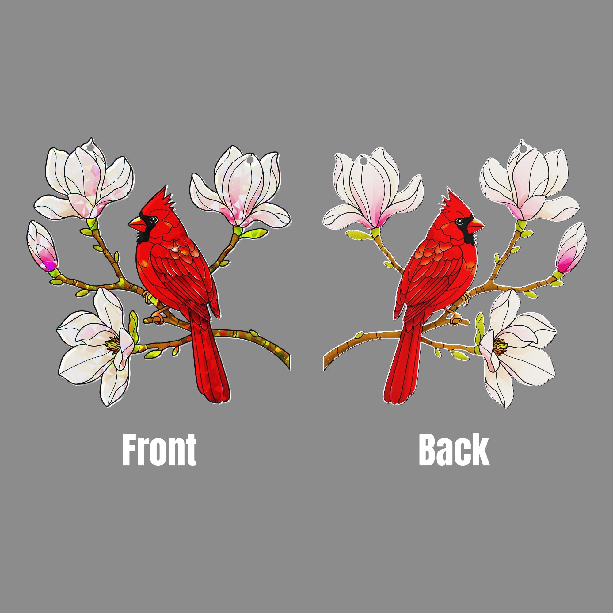 Cardinal and Magnolia Flower Hologram Acrylic Window Hanging with Flowers, Bird Lover Gift, Nature Inspired Home Decor Art, Wildlife Decor