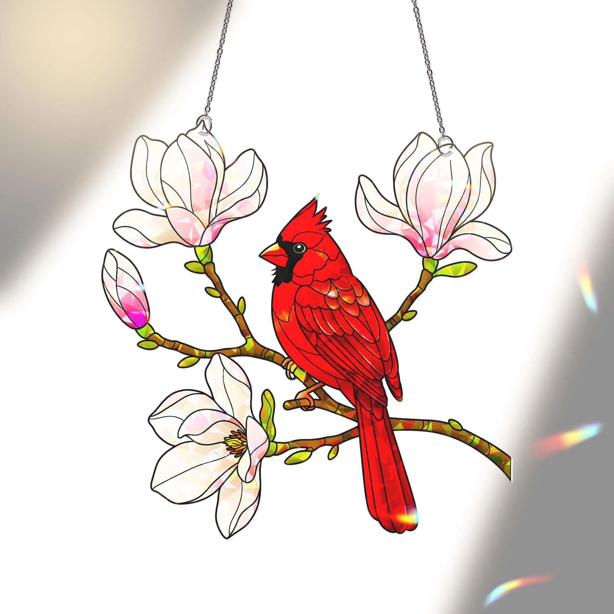 Cardinal and Magnolia Flower Hologram Acrylic Window Hanging with Flowers, Bird Lover Gift, Nature Inspired Home Decor Art, Wildlife Decor
