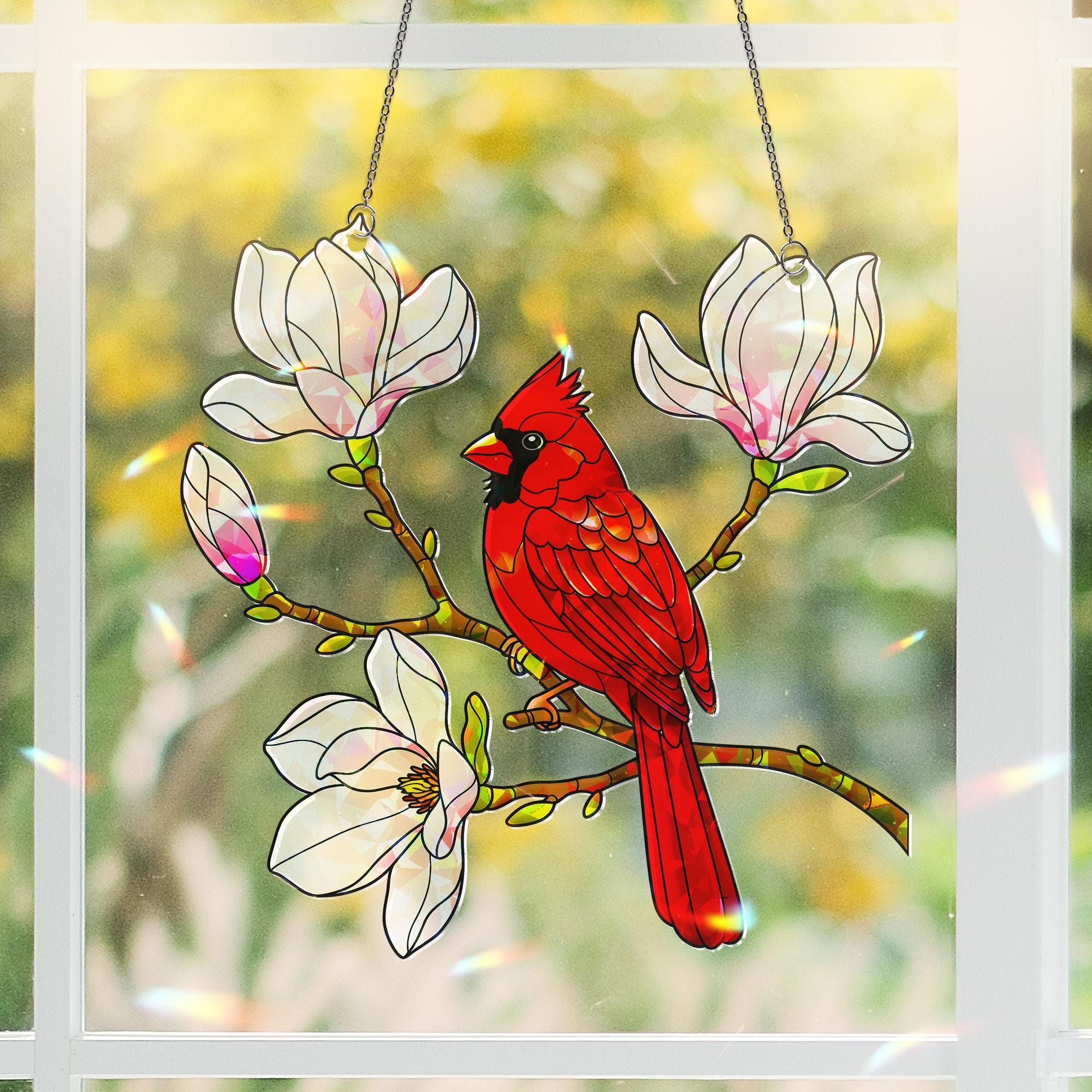 Cardinal and Magnolia Flower Hologram Acrylic Window Hanging with Flowers, Bird Lover Gift, Nature Inspired Home Decor Art, Wildlife Decor