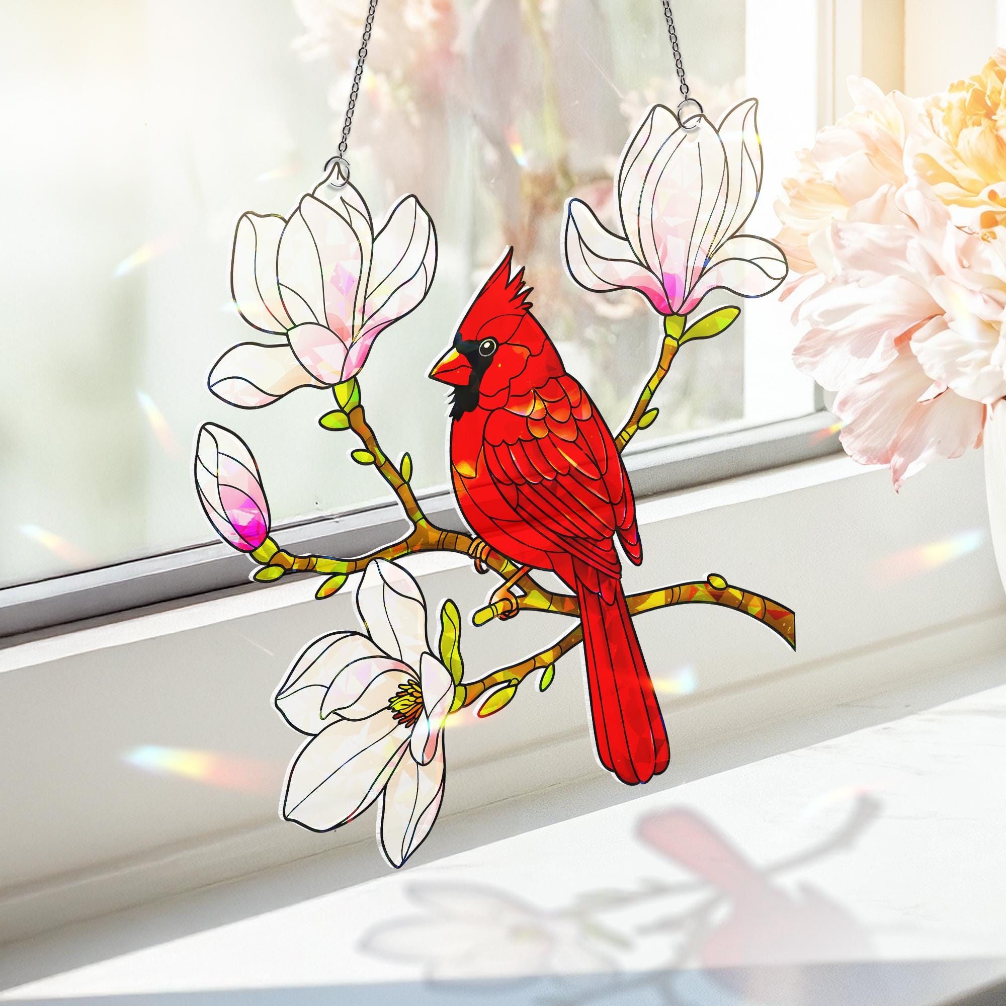 Cardinal and Magnolia Flower Hologram Acrylic Window Hanging with Flowers, Bird Lover Gift, Nature Inspired Home Decor Art, Wildlife Decor