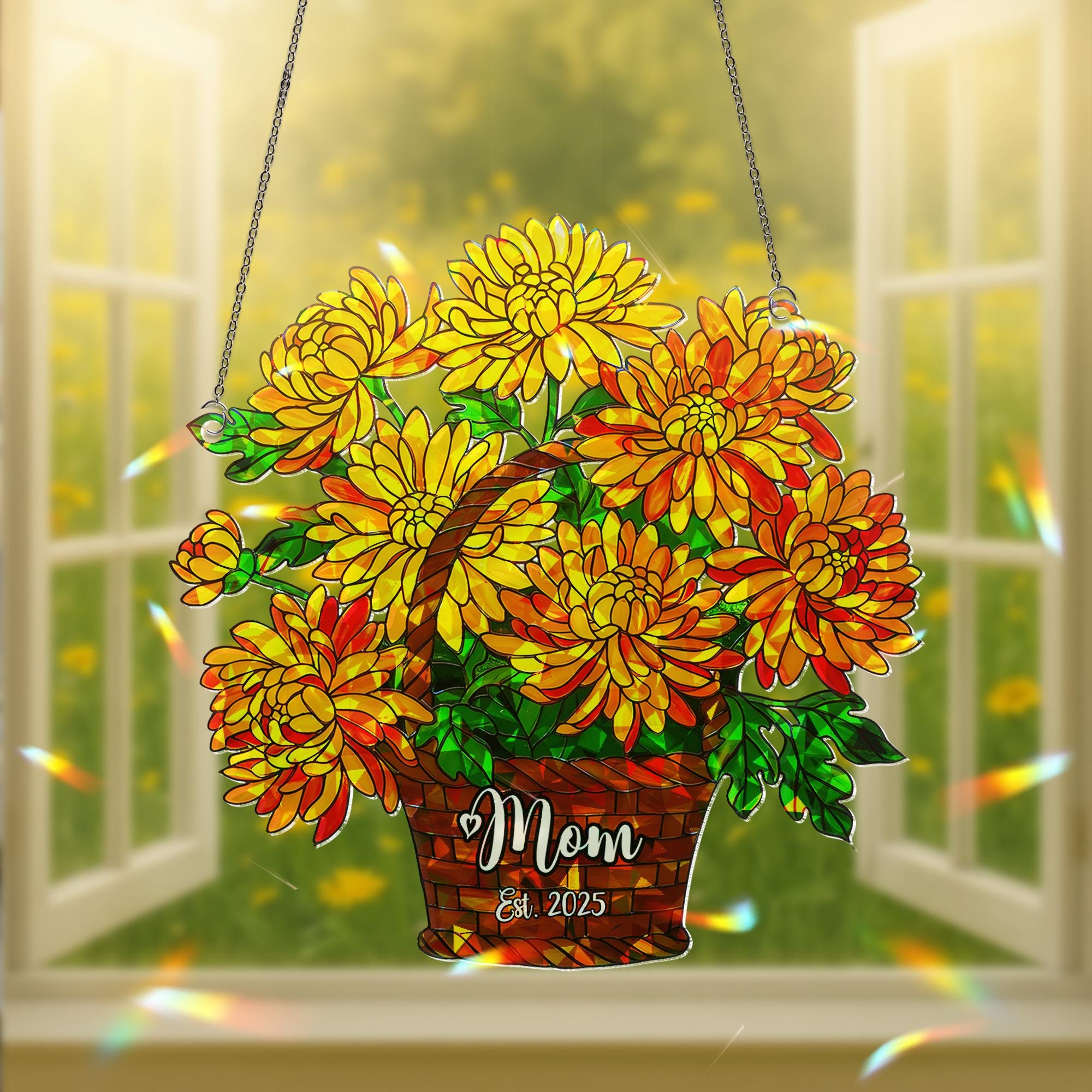 Personalized Chrysanthemum Mom Gift, November Birth Flower Acrylic Window Hanging Ornament for Mom Est 2025, Custom Name Gift