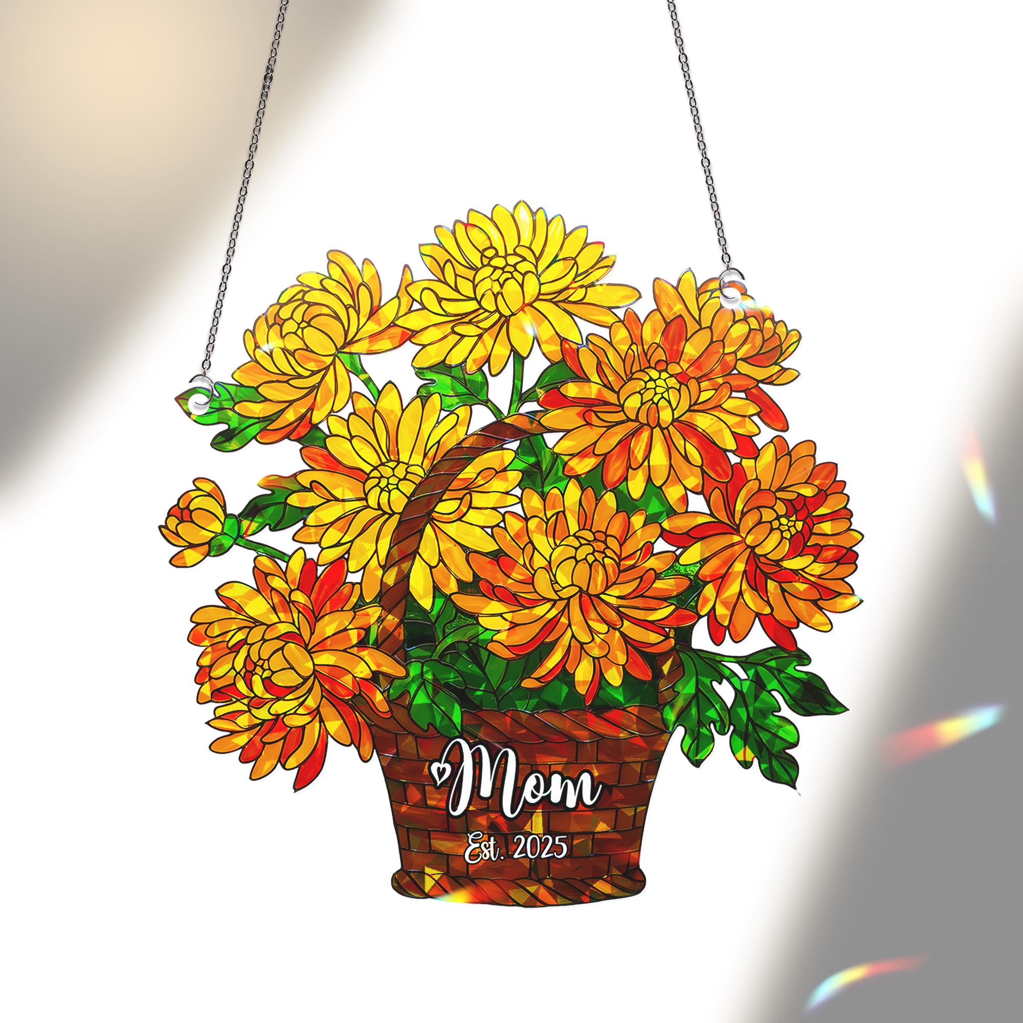 Personalized Chrysanthemum Mom Gift, November Birth Flower Acrylic Window Hanging Ornament for Mom Est 2025, Custom Name Gift