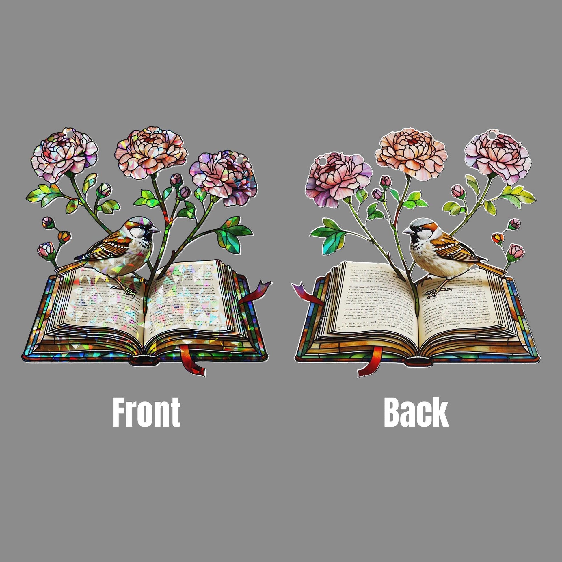 Floral Book with Sparrow Hologram Acrylic Window Hanging – Nature-Inspired Literary Decor – Mother’s Day Gift for Book Lovers