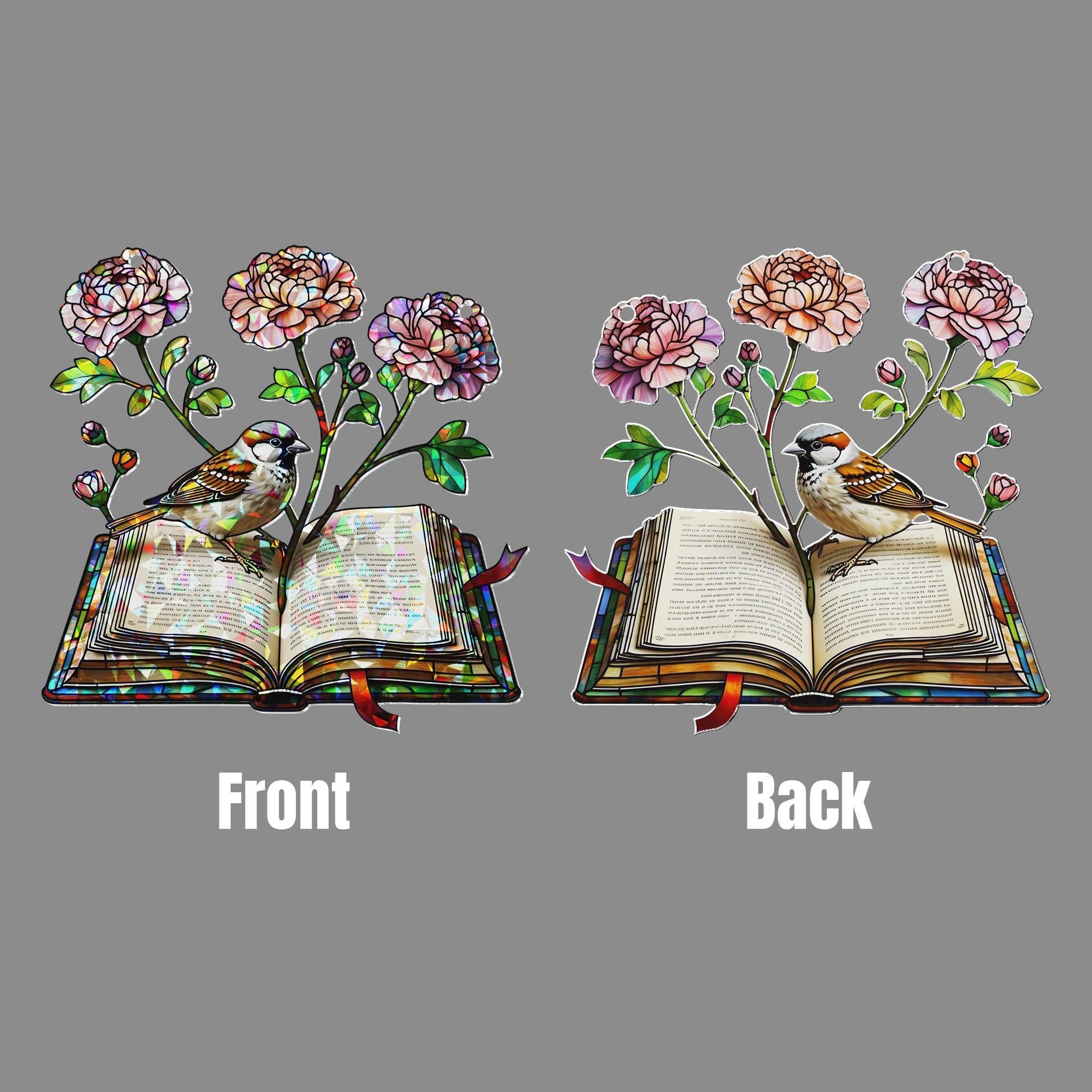 Floral Book with Sparrow Hologram Acrylic Window Hanging – Nature-Inspired Literary Decor – Mother’s Day Gift for Book Lovers