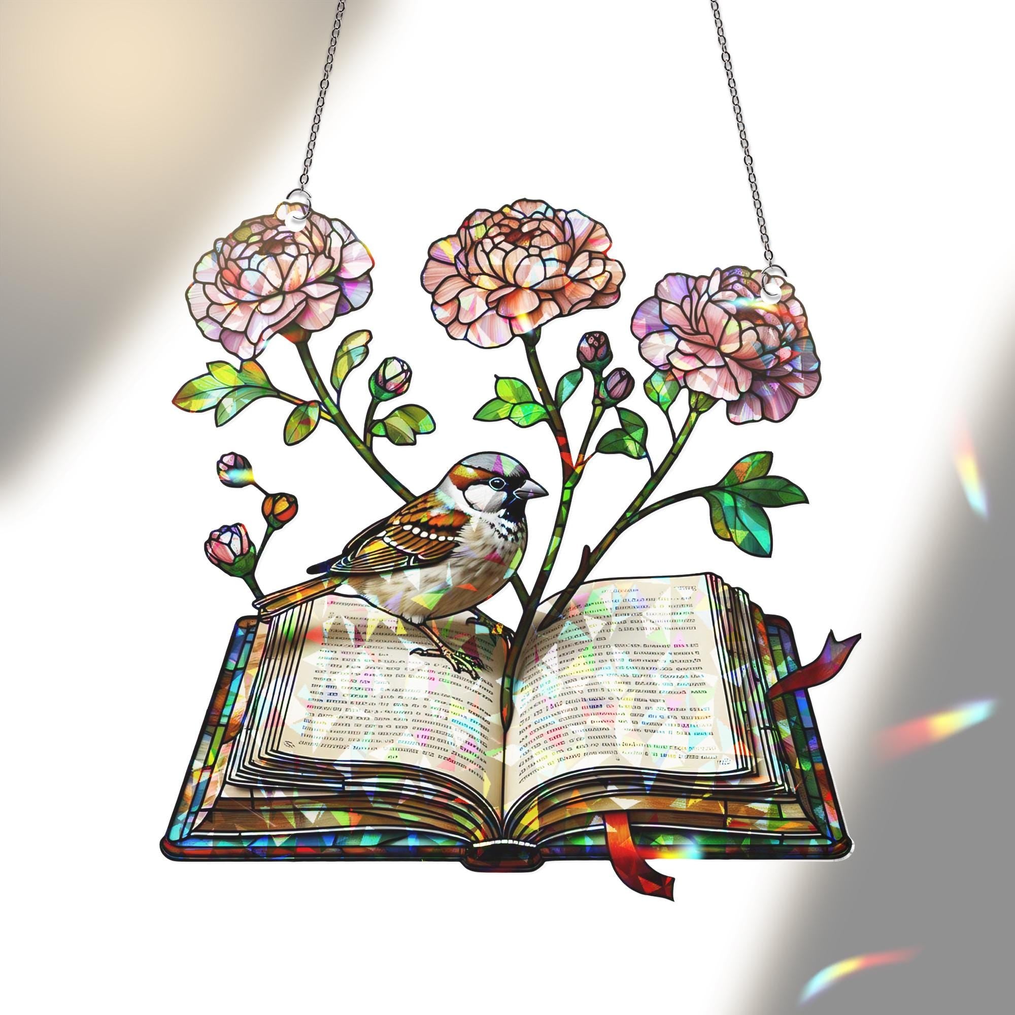 Floral Book with Sparrow Hologram Acrylic Window Hanging – Nature-Inspired Literary Decor – Mother’s Day Gift for Book Lovers