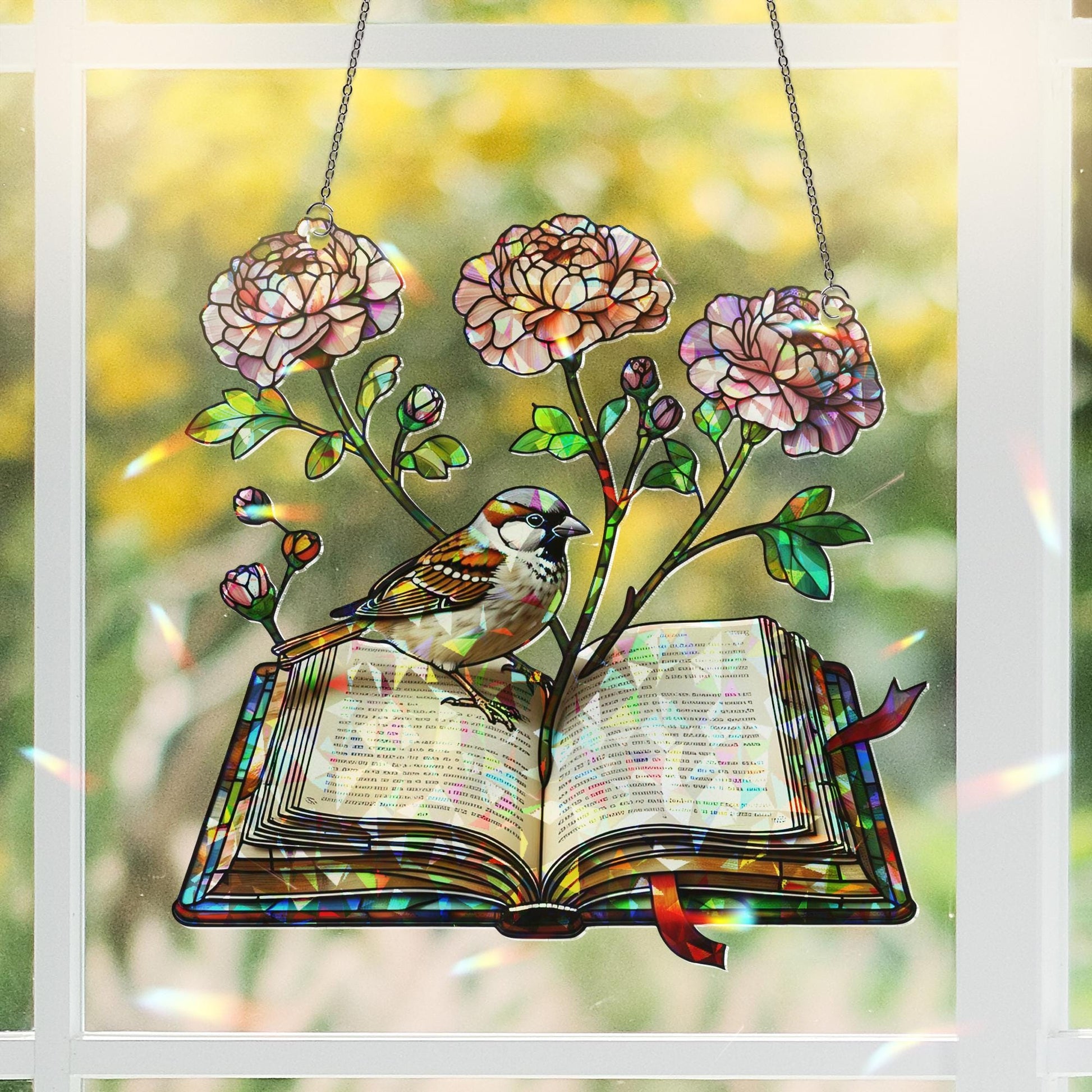 Floral Book with Sparrow Hologram Acrylic Window Hanging – Nature-Inspired Literary Decor – Mother’s Day Gift for Book Lovers
