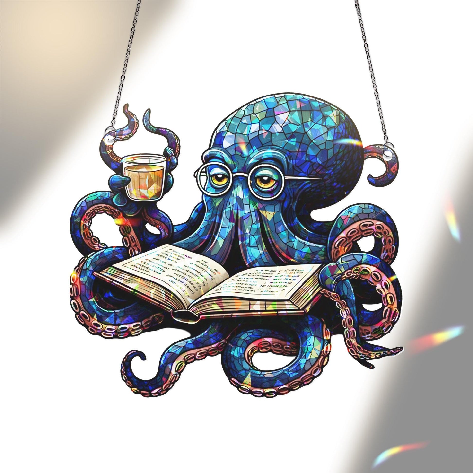 Octopus Reading Book Hologram Acrylic Window Hanging – Whimsical Ocean Decor – Mother's Day Gift for Book Lovers & Sea Enthusiasts