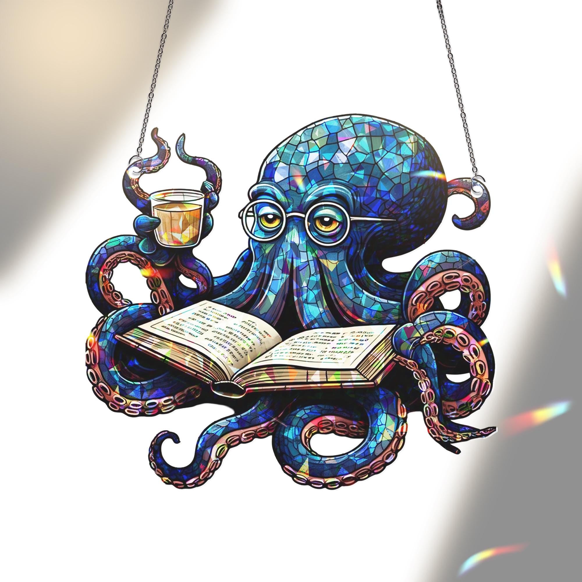 Octopus Reading Book Hologram Acrylic Window Hanging – Whimsical Ocean Decor – Mother's Day Gift for Book Lovers & Sea Enthusiasts