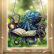 Octopus Reading Book Hologram Acrylic Window Hanging – Whimsical Ocean Decor – Mother's Day Gift for Book Lovers & Sea Enthusiasts
