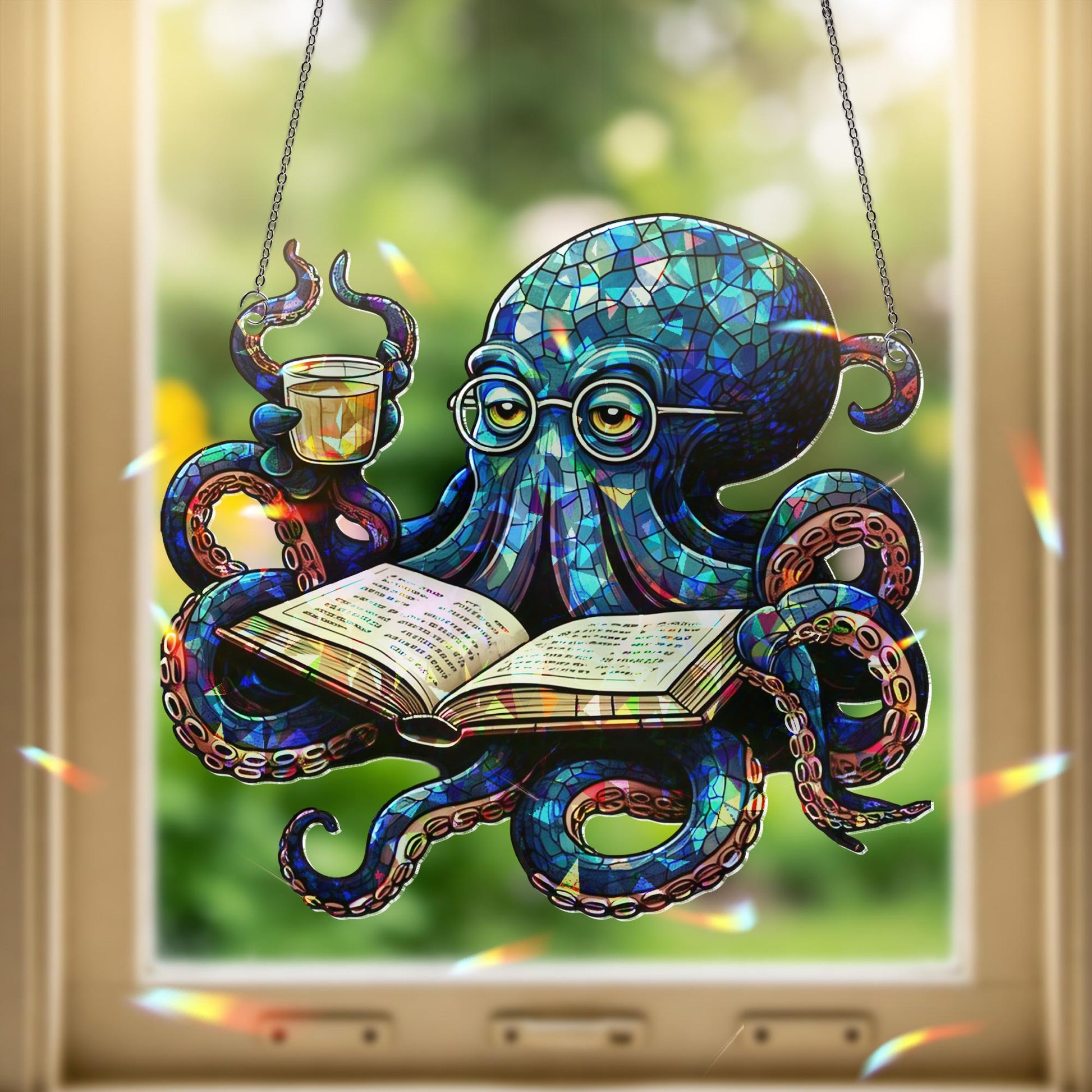 Octopus Reading Book Hologram Acrylic Window Hanging – Whimsical Ocean Decor – Mother's Day Gift for Book Lovers & Sea Enthusiasts