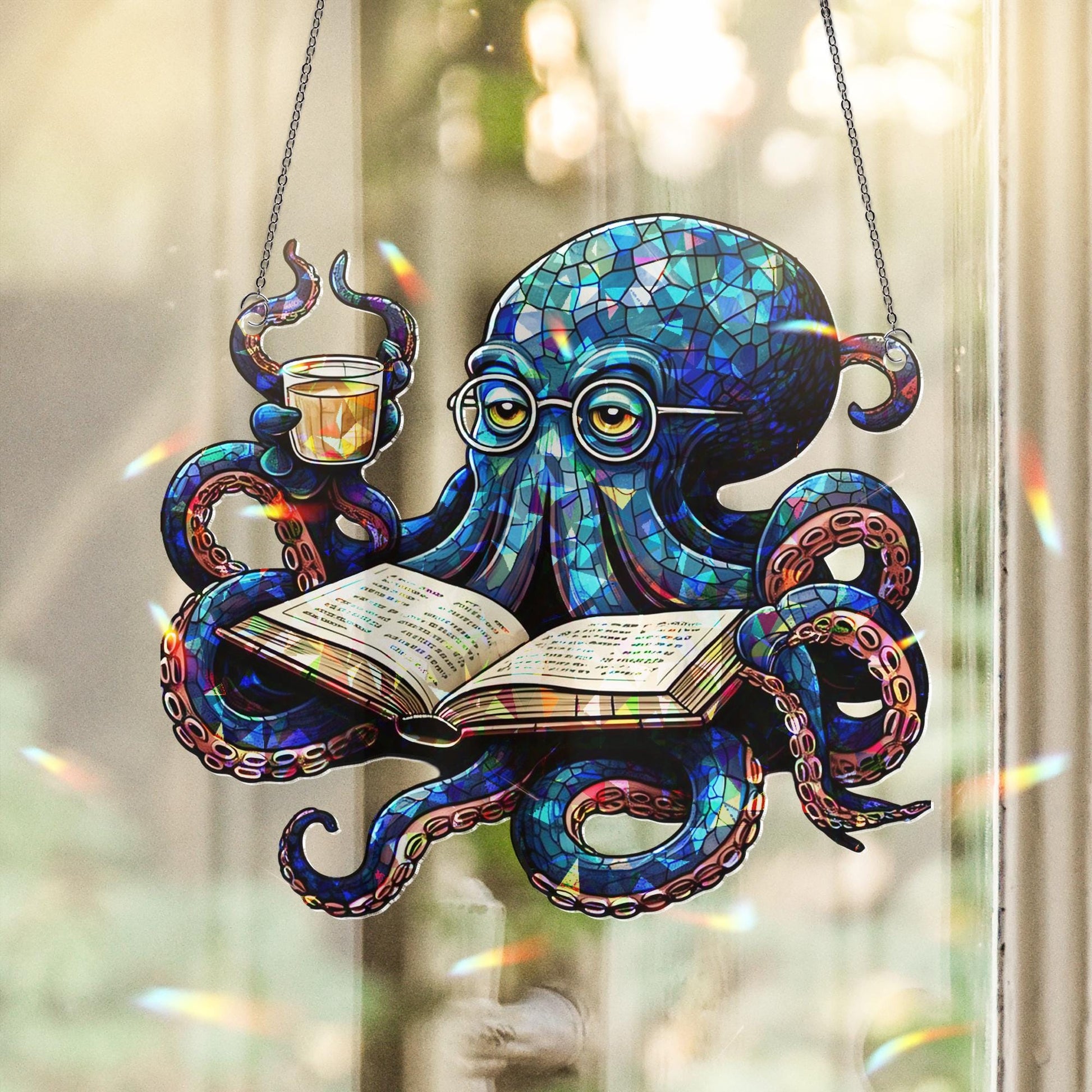 Octopus Reading Book Hologram Acrylic Window Hanging – Whimsical Ocean Decor – Mother's Day Gift for Book Lovers & Sea Enthusiasts