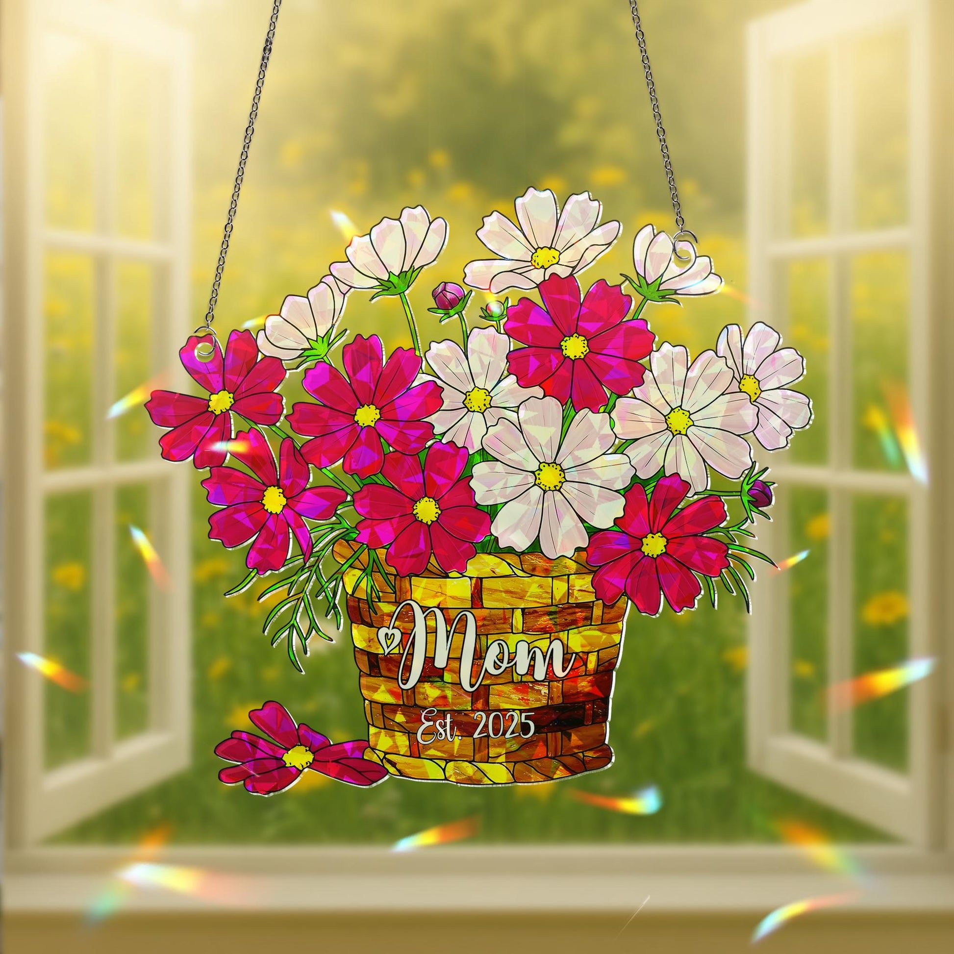 Personalized Mother's Day Flower Basket Ornament - Custom Mom October Birth Acrylic Window Hanging - Unique Floral Gift for Her